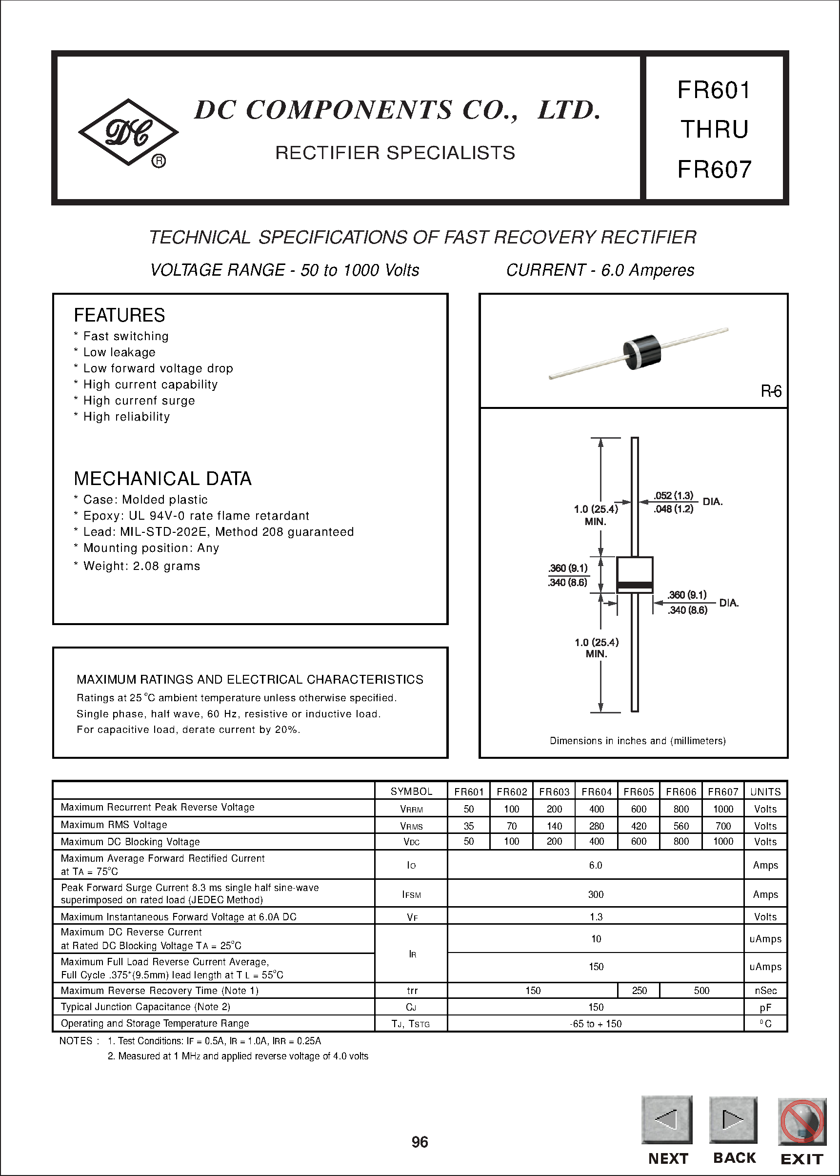 Datasheet FR602 page 1 Datasheet FR602 - TECHNICAL SPECIFICATIONS OF FAST RECOVERY RECTIFIER page 1