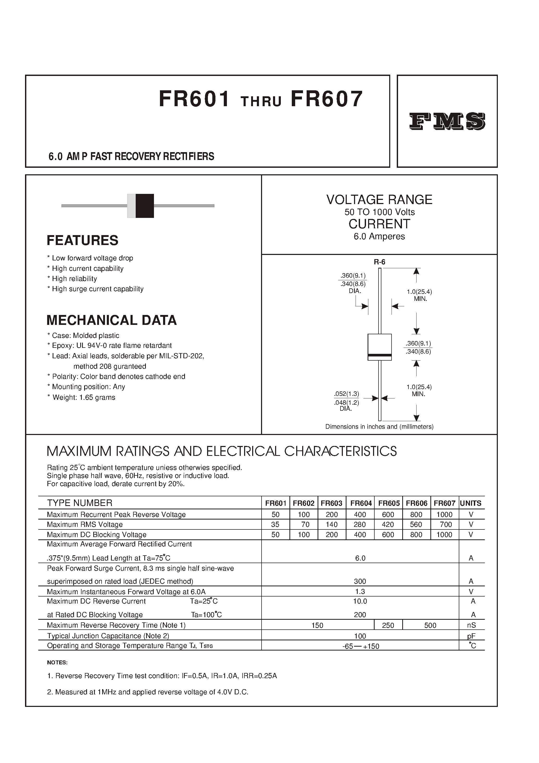 Datasheet FR604 - 6.0 AMP FAST RECOVERY RECTIFIERS page 1