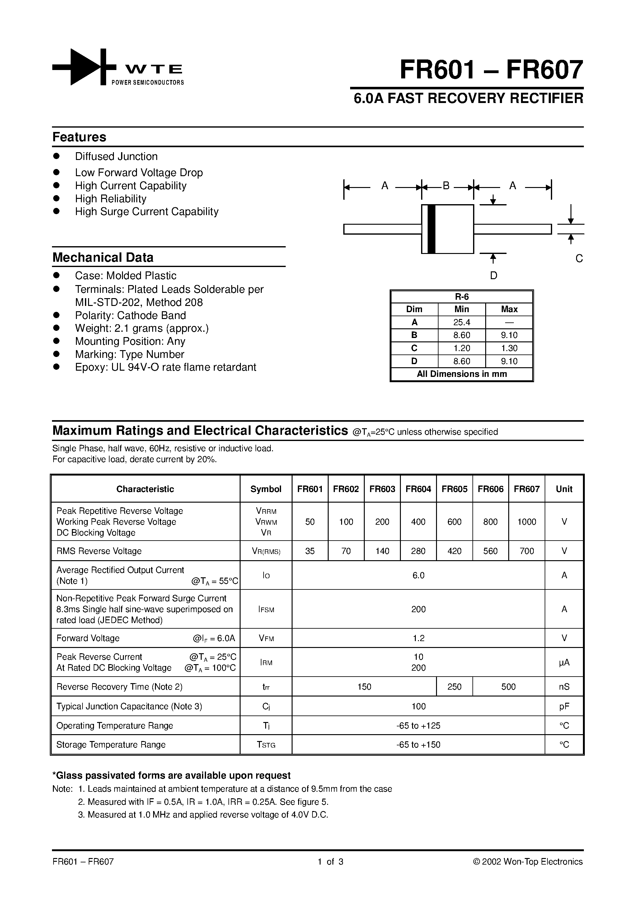 Datasheet FR604-T3 - 6.0A FAST RECOVERY RECTIFIER page 1