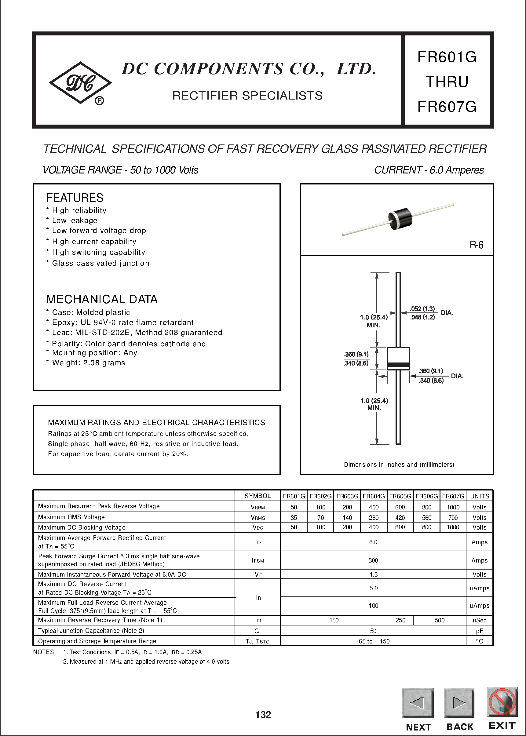 Datasheet FR606G page 1 Datasheet FR606G - TECHNICAL SPECIFICATIONS OF FAST RECOVERY GLASS PASSIVATED RECTIFIER page 1