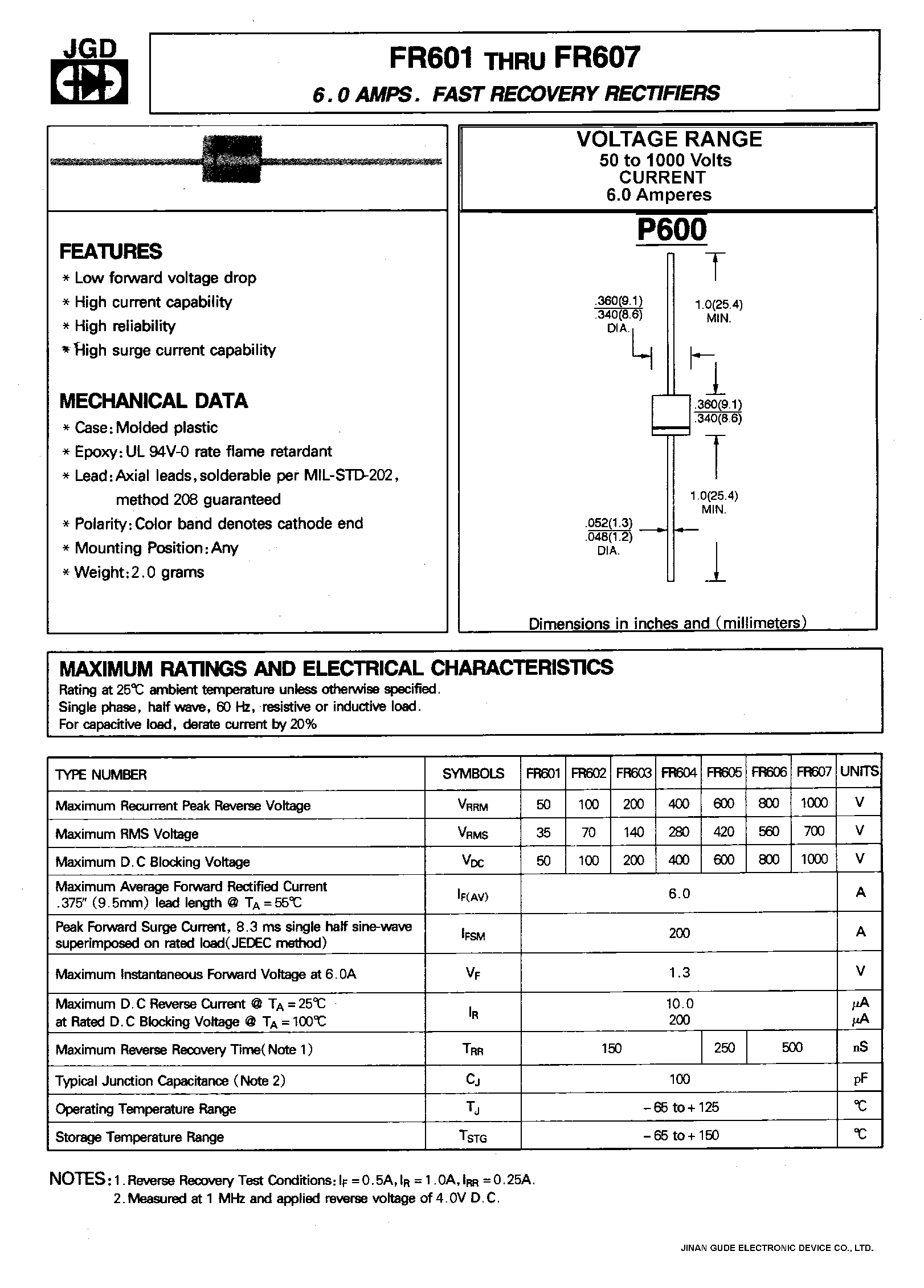 Datasheet FR607 - 6.0 AMPS. FAST RECOVERY RECTIFIERS page 1
