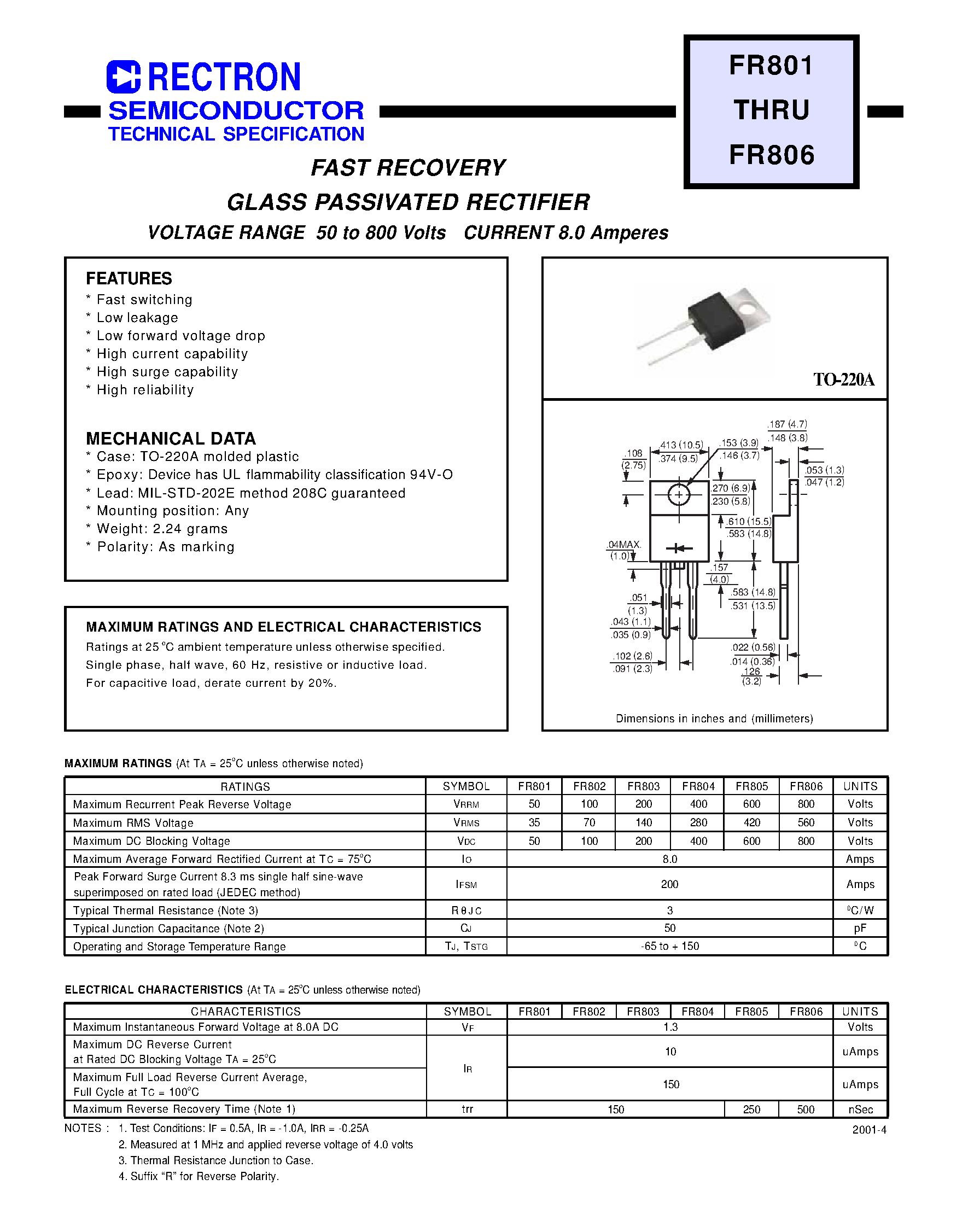 Datasheet FR802 - FAST RECOVERY GLASS PASSIVATED RECTIFIER (VOLTAGE RANGE 50 to 800 Volts CURRENT 8.0 Amperes) page 1