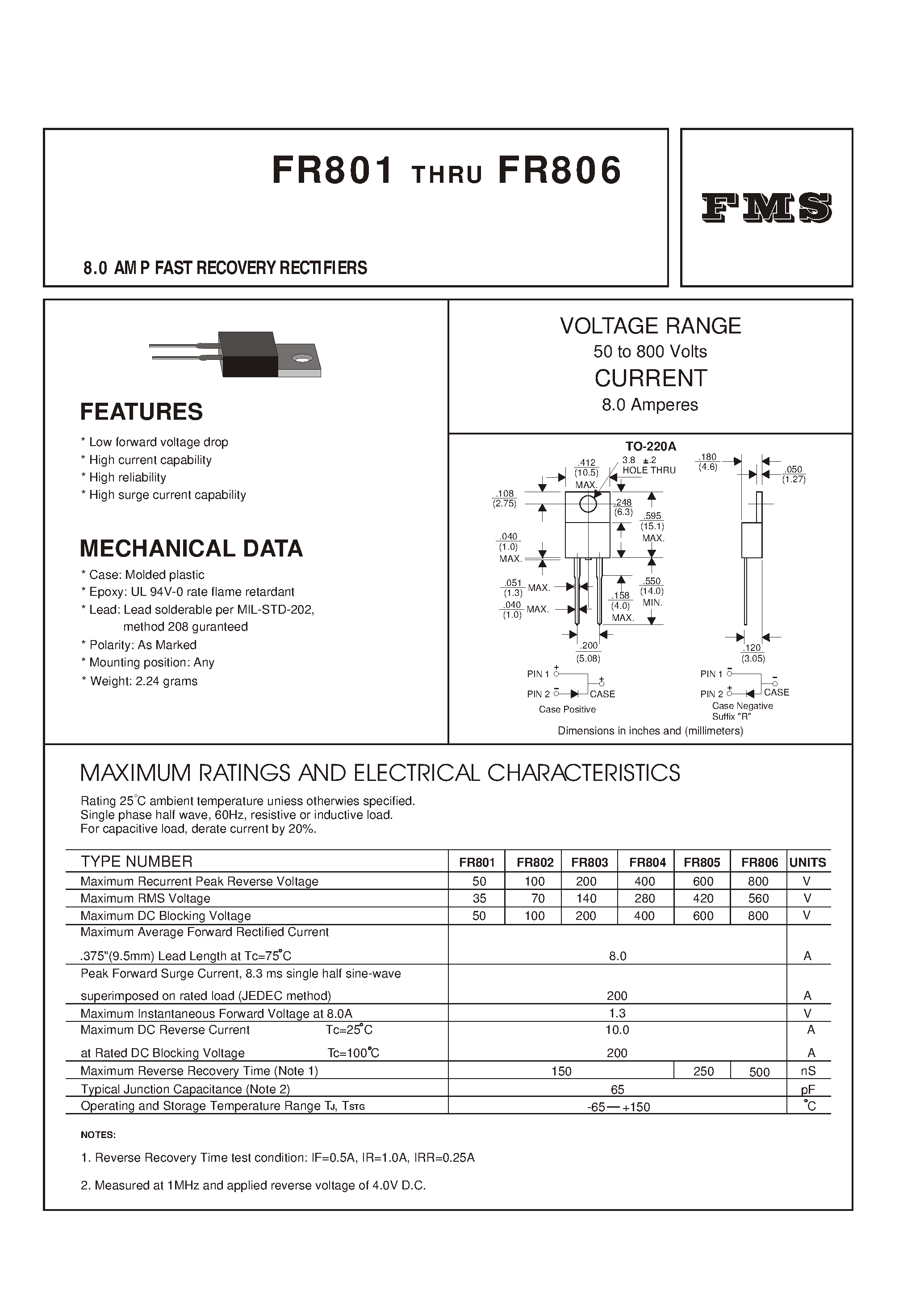 Datasheet FR803 page 1 Datasheet FR803 - 8.0 AMP FAST RECOVERY RECTIFIERS page 1