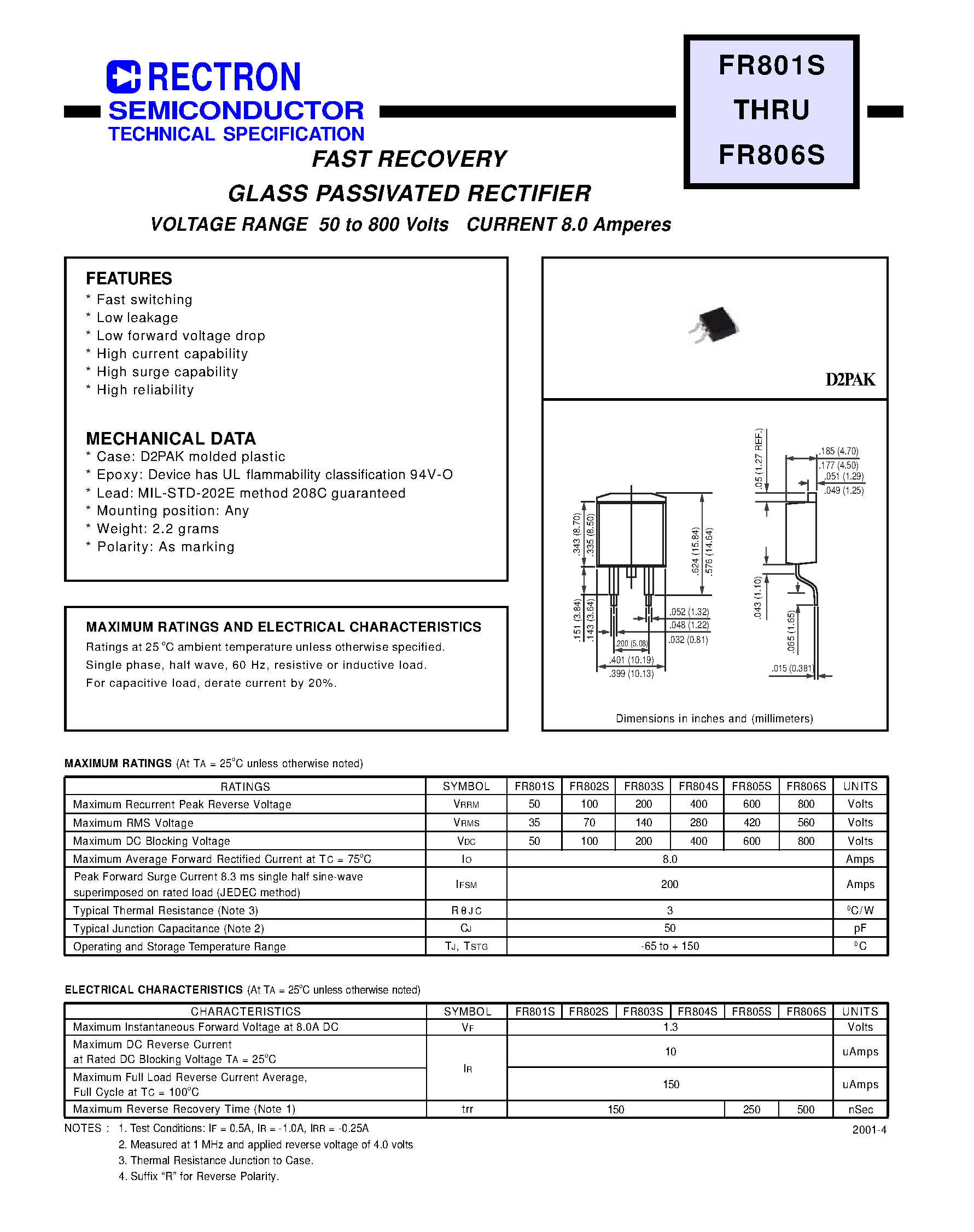 Datasheet FR803S - FAST RECOVERY GLASS PASSIVATED RECTIFIER (VOLTAGE RANGE 50 to 800 Volts CURRENT 8.0 Amperes) page 1