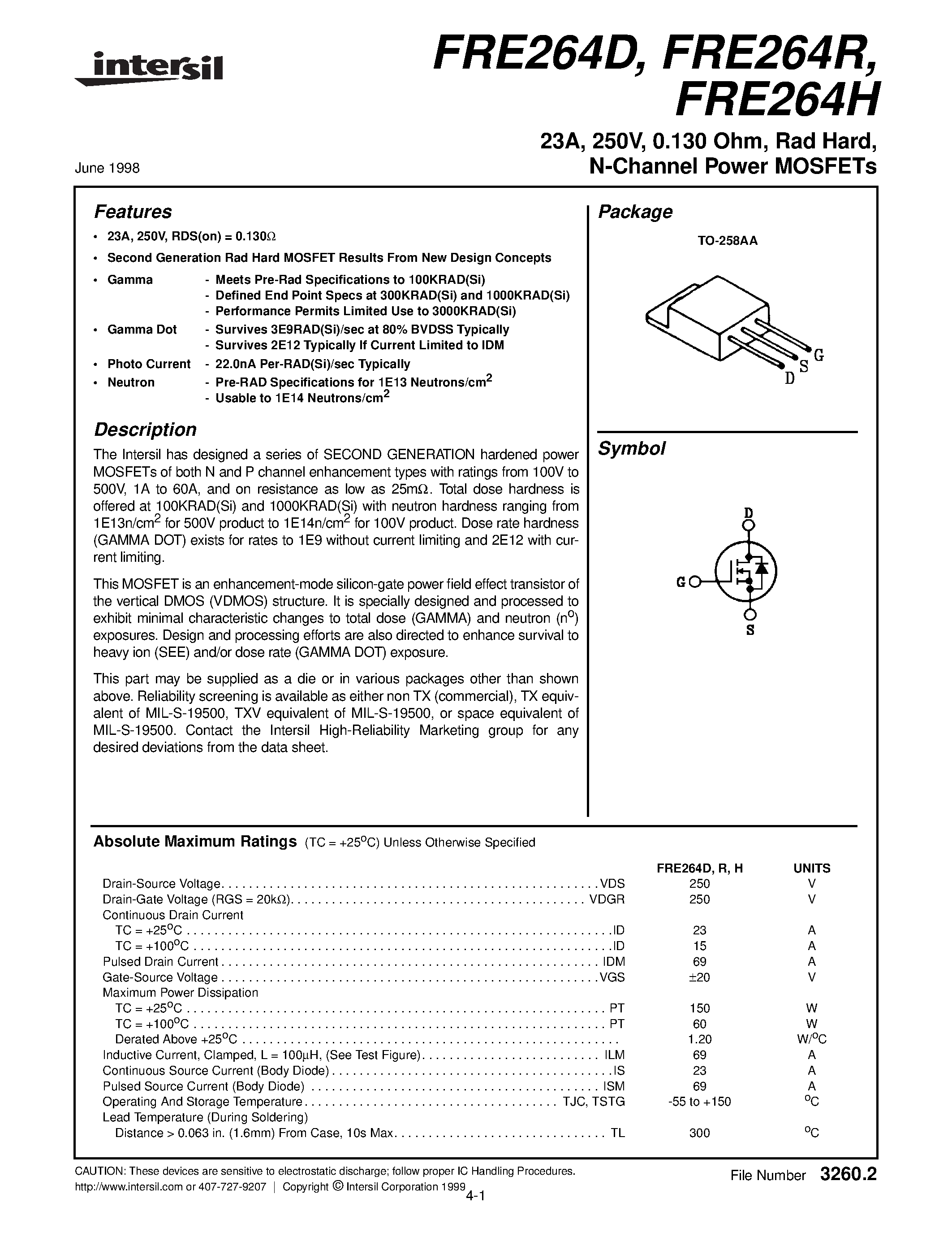 Datasheet FRE264H page 1 Datasheet FRE264H - 23A/ 250V/ 0.130 Ohm/ Rad Hard/ N-Channel Power MOSFETs page 1