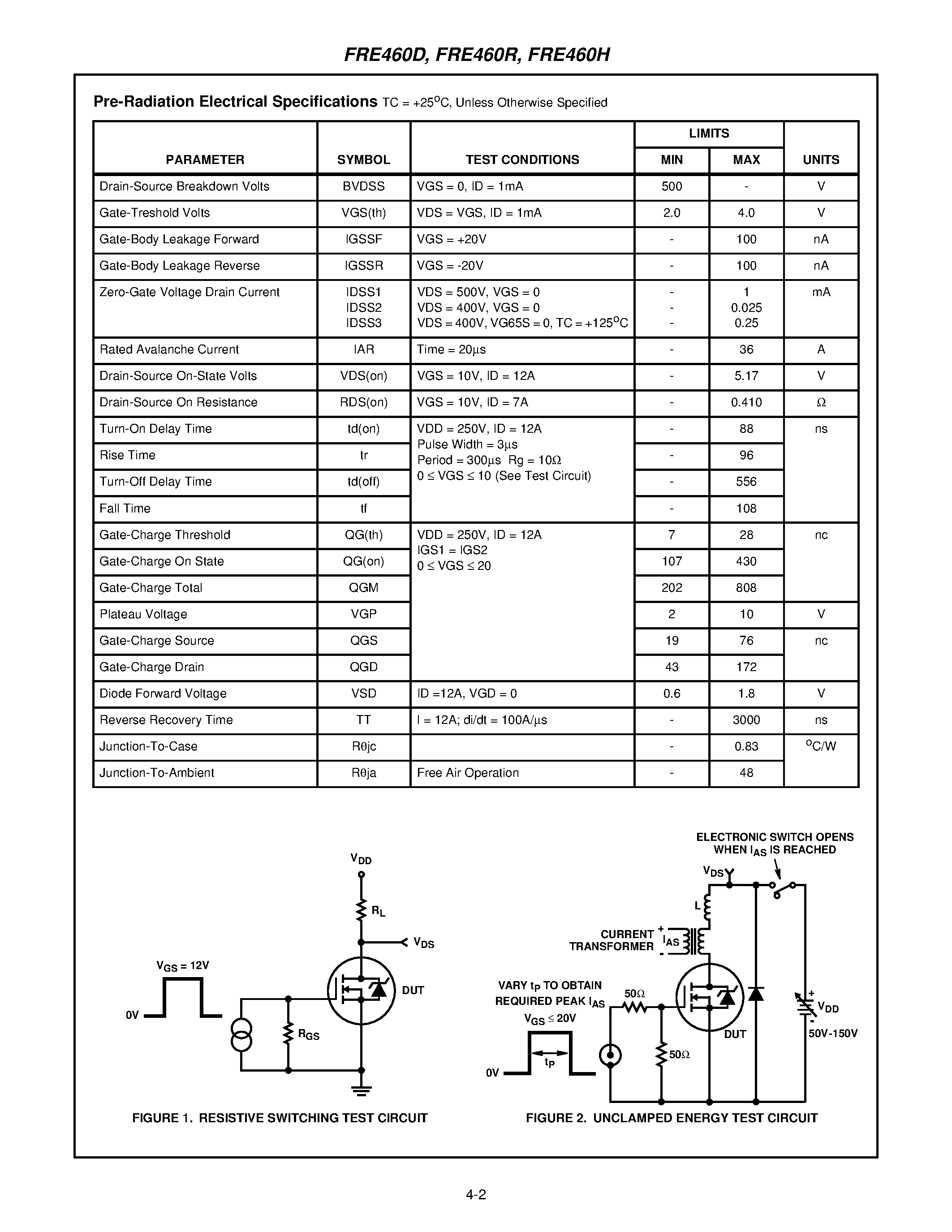 Datasheet FRE460D - 12A/ 500V/ 0.410 Ohm/ Rad Hard/ N-Channel Power MOSFETs page 2