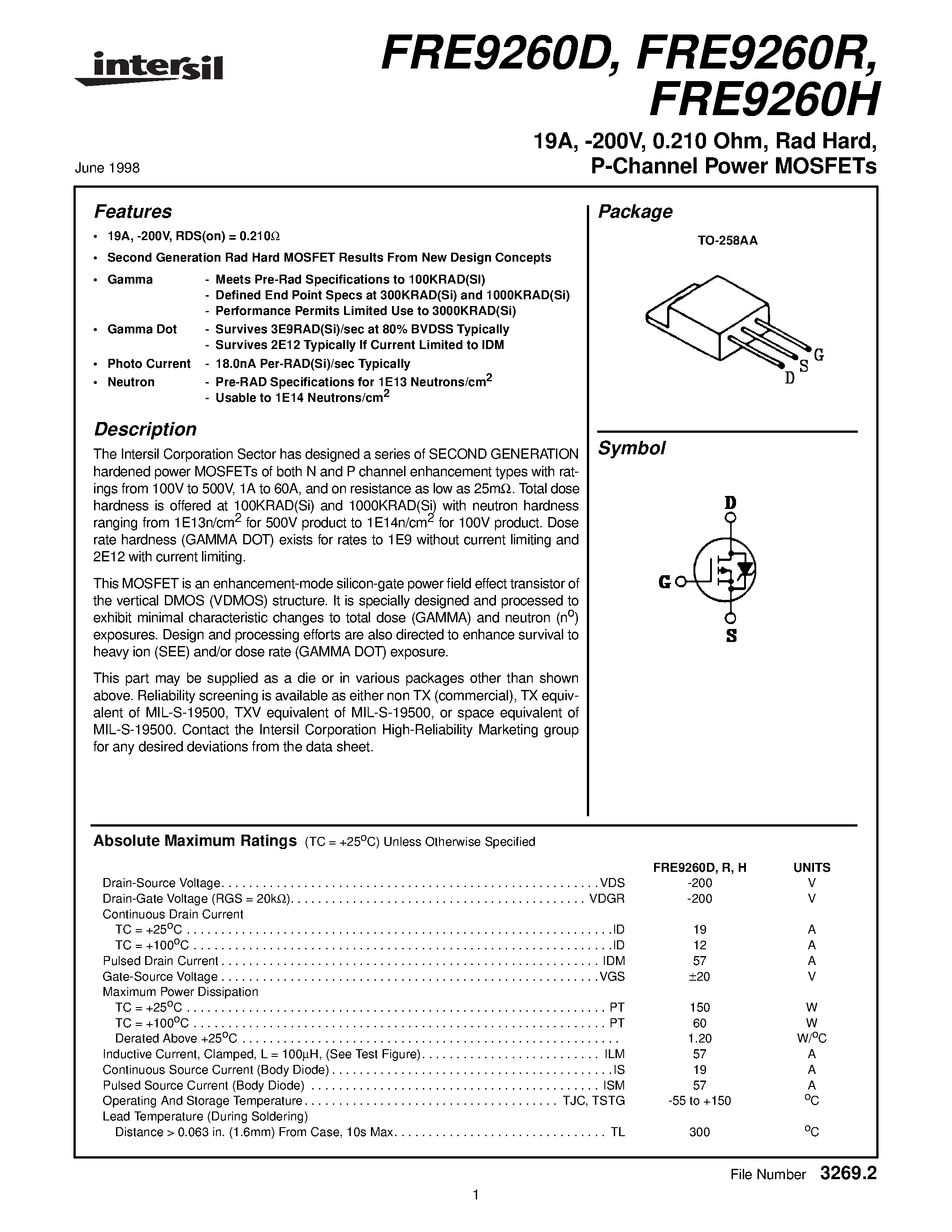 Datasheet FRE9260D page 1 Datasheet FRE9260D - 19A/ -200V/ 0.210 Ohm/ Rad Hard/ P-Channel Power MOSFETs page 1