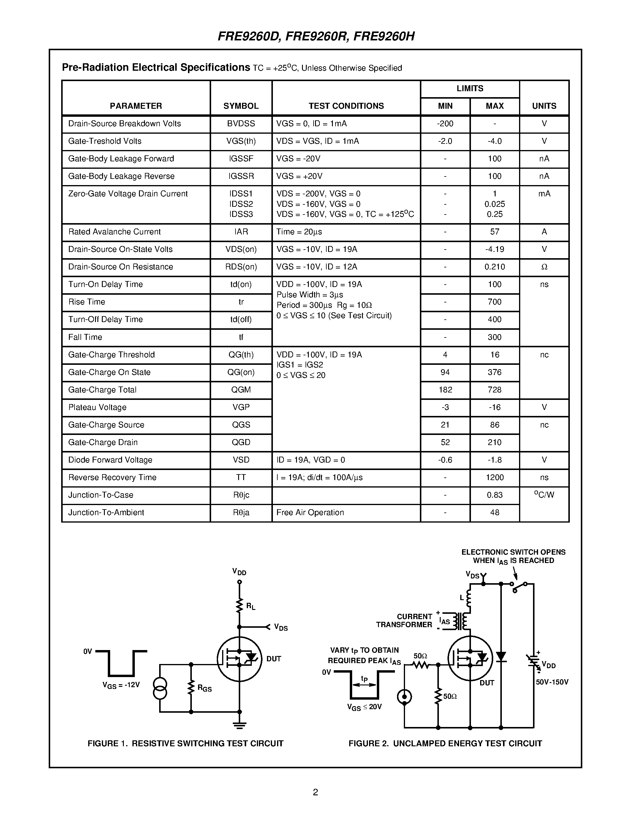 Datasheet FRE9260D page 2 Datasheet FRE9260D - 19A/ -200V/ 0.210 Ohm/ Rad Hard/ P-Channel Power MOSFETs page 2