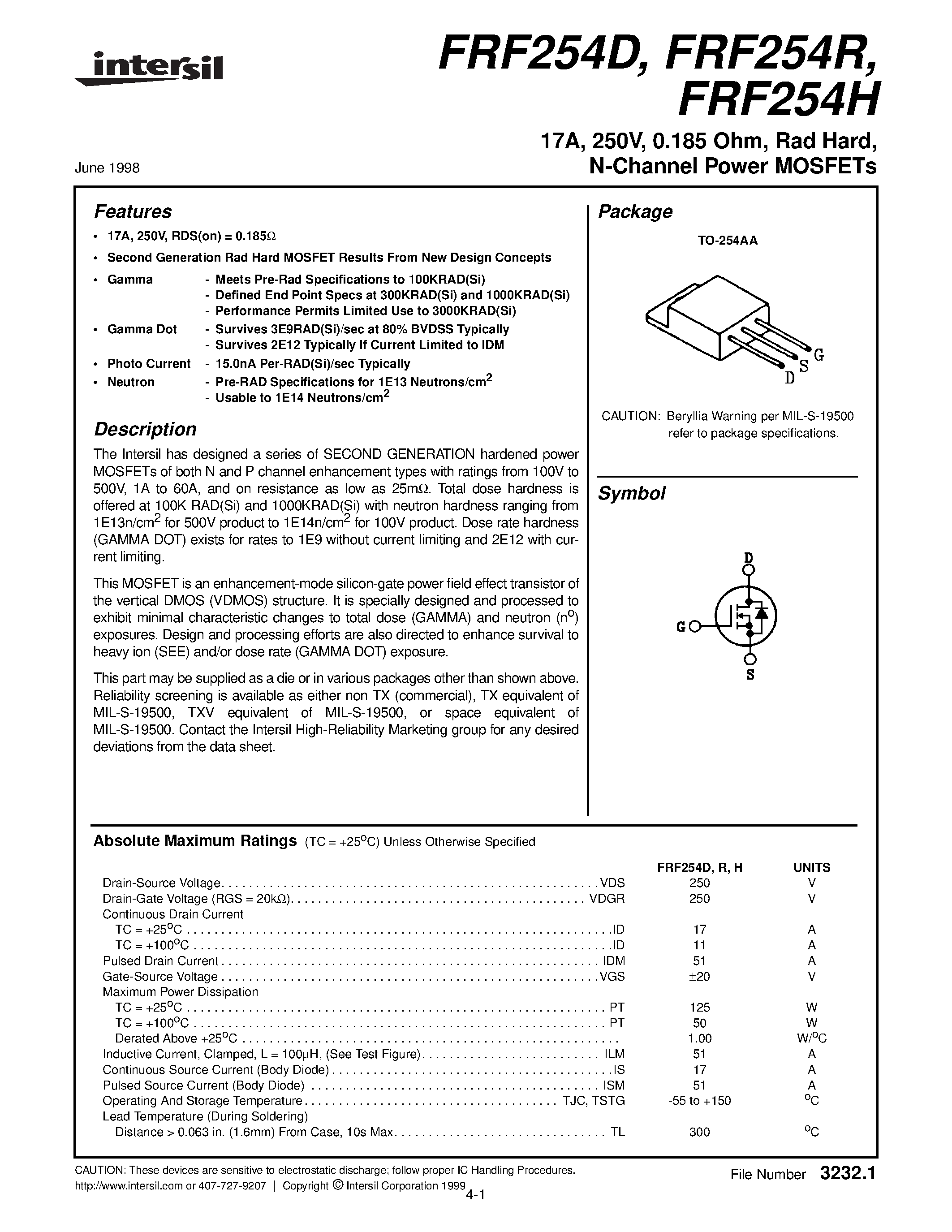 Даташит на микросхему FRF254R страница 1 Даташит FRF254R - 17A/ 250V/ 0.185 Ohm/ Rad Hard/ N-Channel Power MOSFETs страница 1