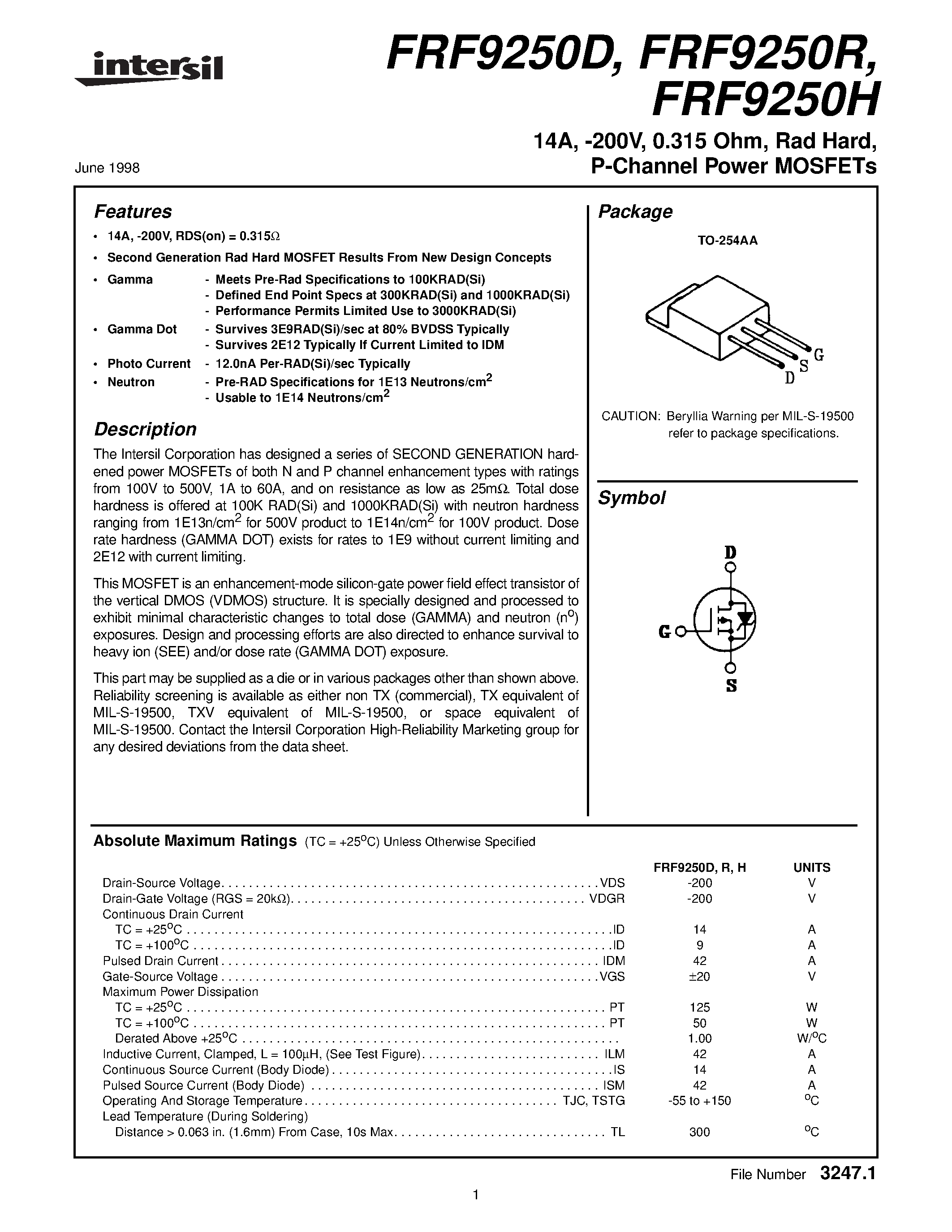 Datasheet FRF9250R page 1 Datasheet FRF9250R - 14A/ -200V/ 0.315 Ohm/ Rad Hard/ P-Channel Power MOSFETs page 1