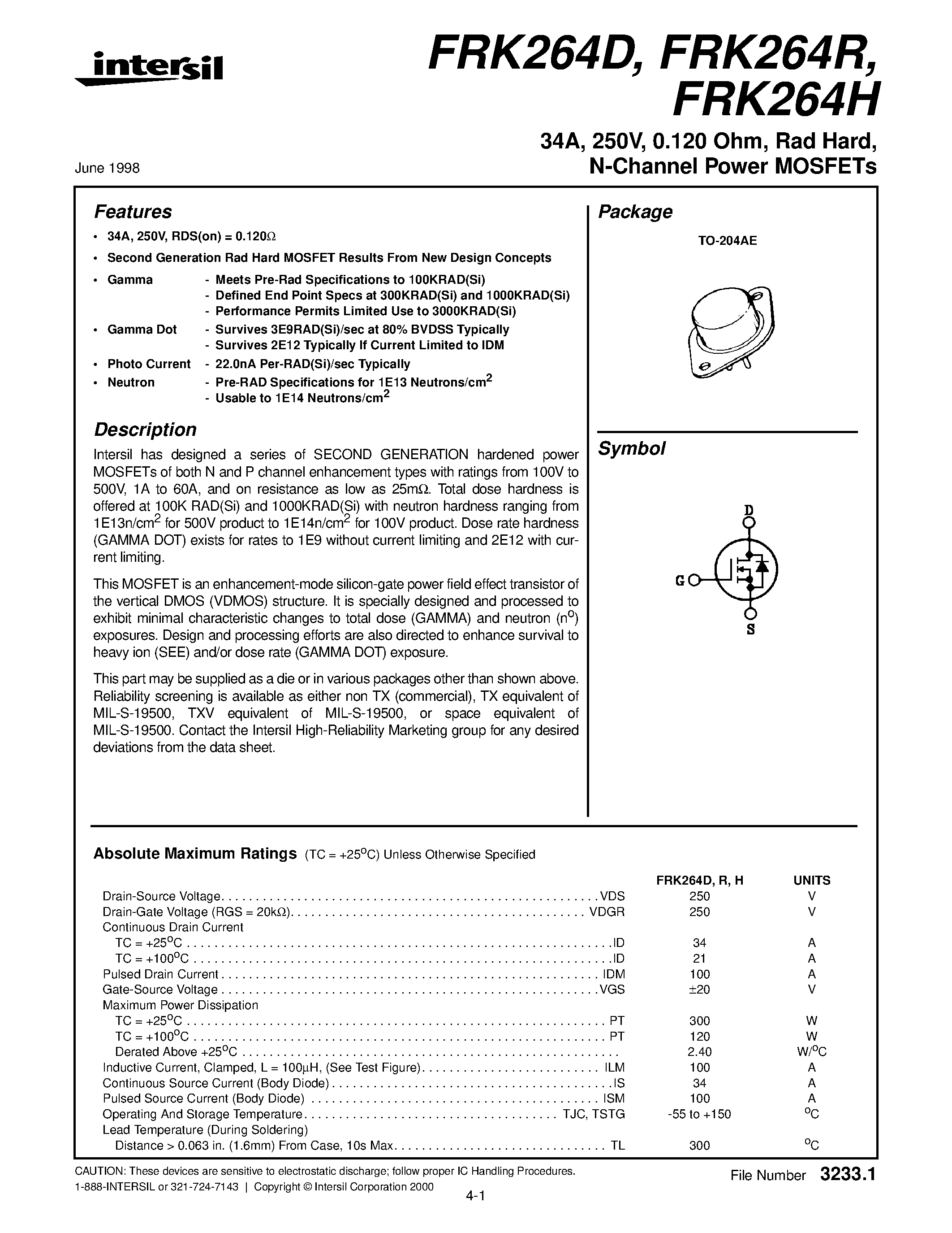 Datasheet FRK264R page 1 Datasheet FRK264R - 34A/ 250V/ 0.120 Ohm/ Rad Hard/ N-Channel Power MOSFETs page 1