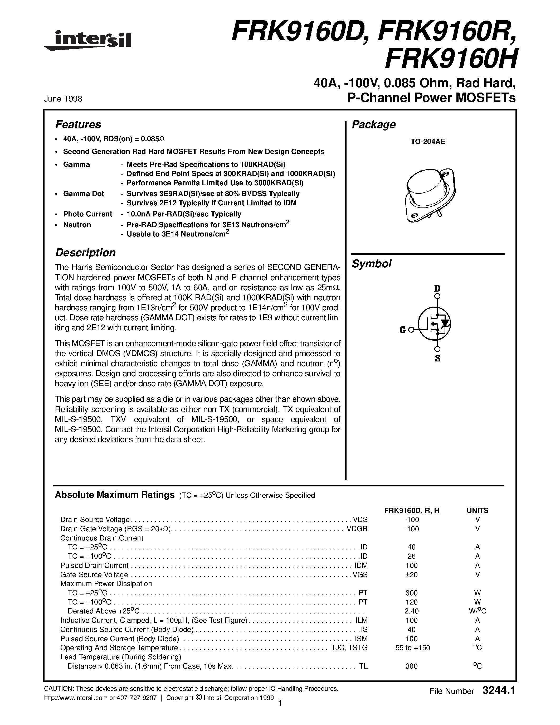 Datasheet FRK9160D - 40A/ -100V/ 0.085 Ohm/ Rad Hard/ P-Channel Power MOSFETs page 1