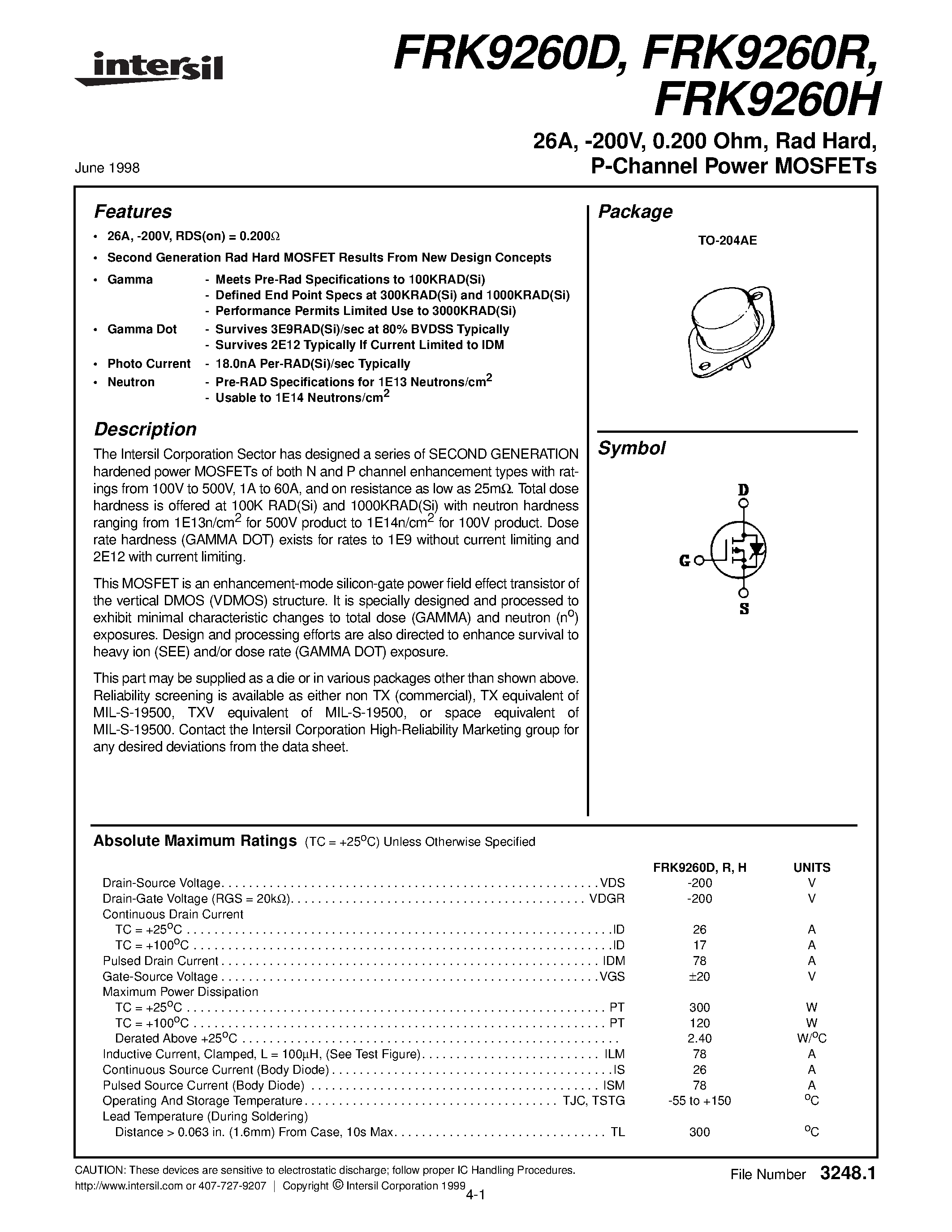 Datasheet FRK9260R page 1 Datasheet FRK9260R - 26A/ -200V/ 0.200 Ohm/ Rad Hard/ P-Channel Power MOSFETs page 1