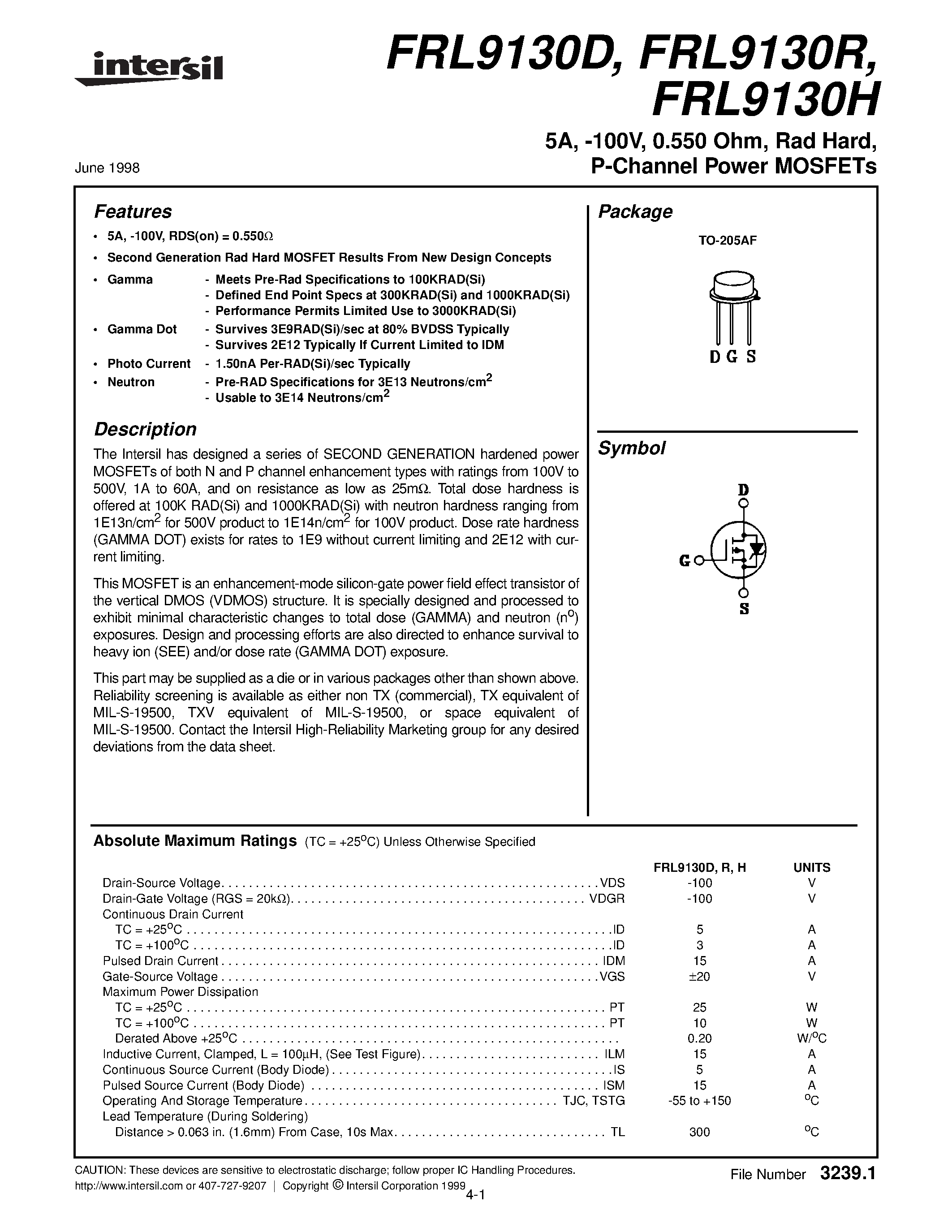Datasheet FRL9130R - 5A/ -100V/ 0.550 Ohm/ Rad Hard/ P-Channel Power MOSFETs page 1