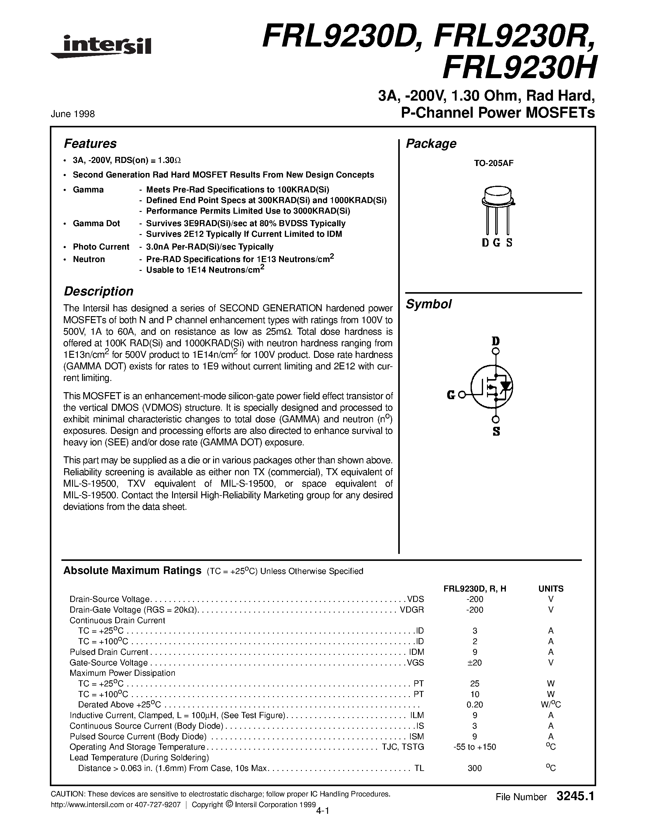 Datasheet FRL9230R - 3A/ -200V/ 1.30 Ohm/ Rad Hard/ P-Channel Power MOSFETs page 1