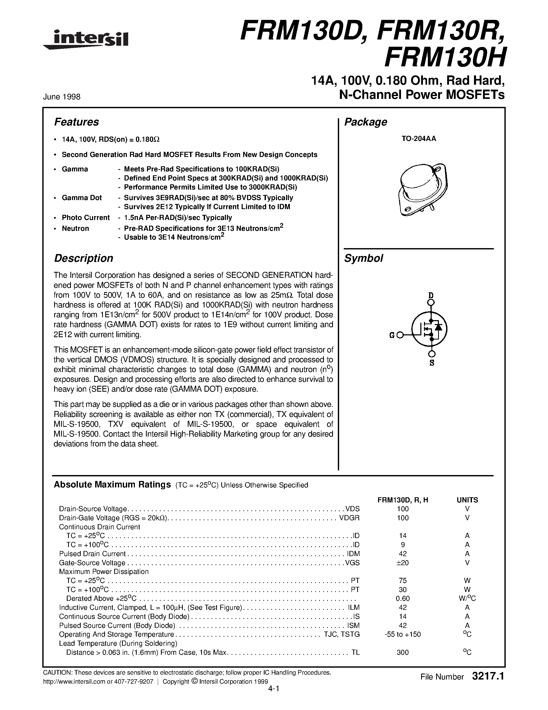 Datasheet FRM130R page 1 Datasheet FRM130R - 14A/ 100V/ 0.180 Ohm/ Rad Hard/ N-Channel Power MOSFETs page 1