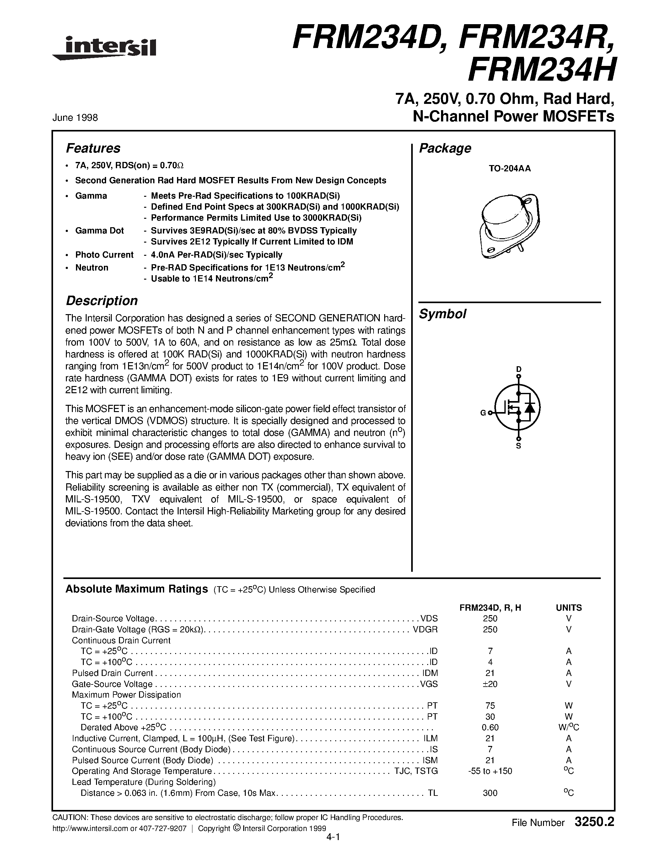 Datasheet FRM234R - 7A/ 250V/ 0.70 Ohm/ Rad Hard/ N-Channel Power MOSFETs page 1