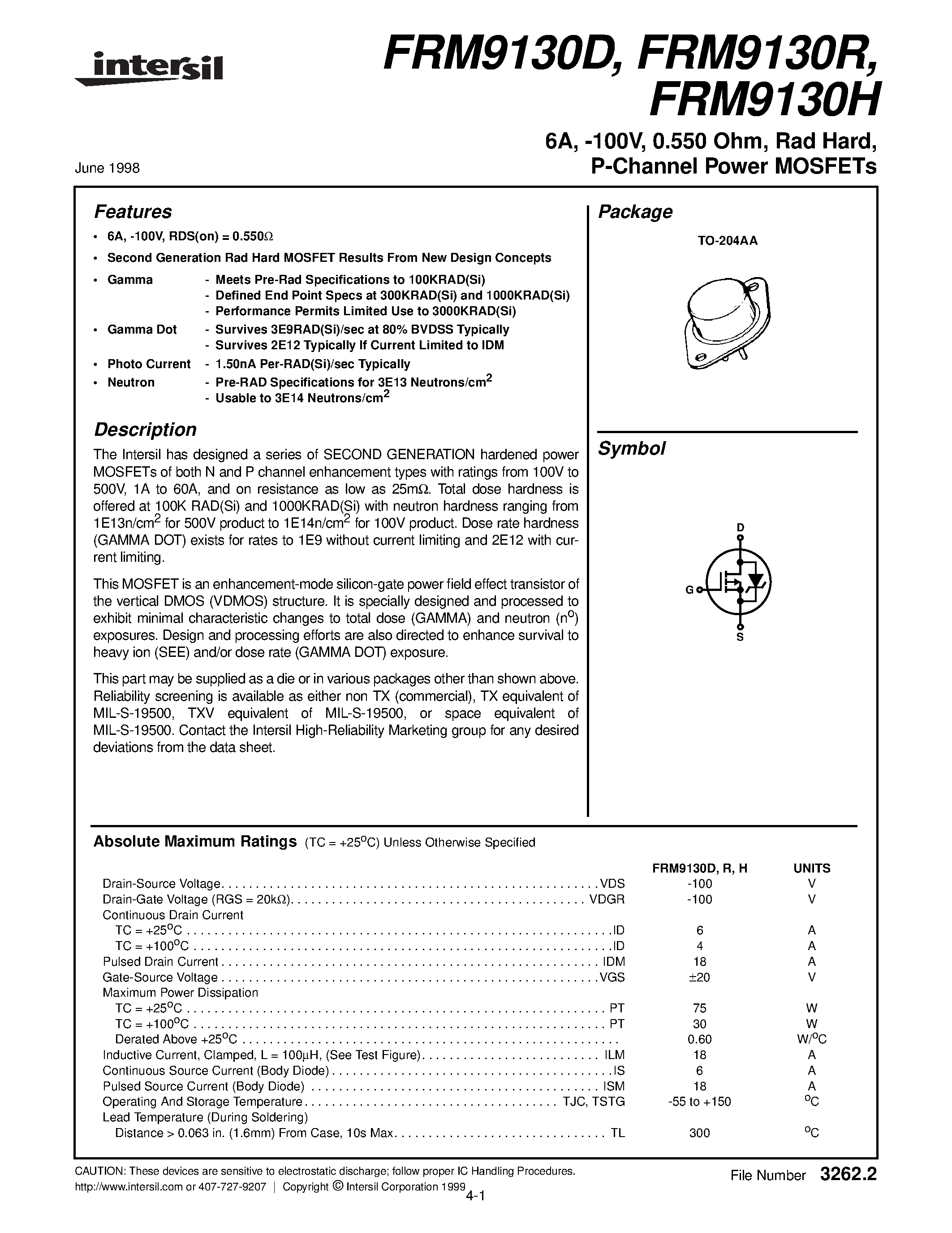 Datasheet FRM9130H page 1 Datasheet FRM9130H - 6A/ -100V/ 0.550 Ohm/ Rad Hard/ P-Channel Power MOSFETs page 1
