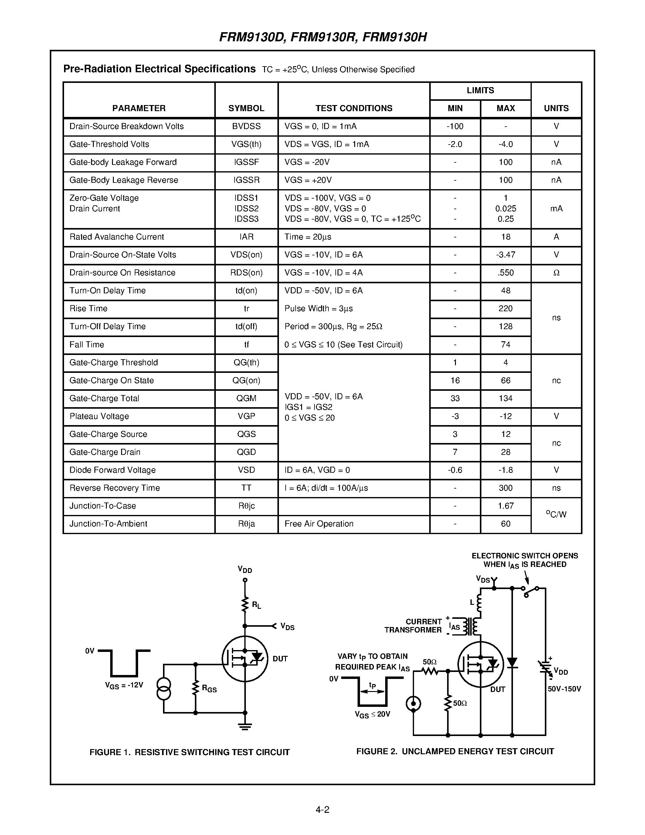 Datasheet FRM9130R - 6A/ -100V/ 0.550 Ohm/ Rad Hard/ P-Channel Power MOSFETs page 2