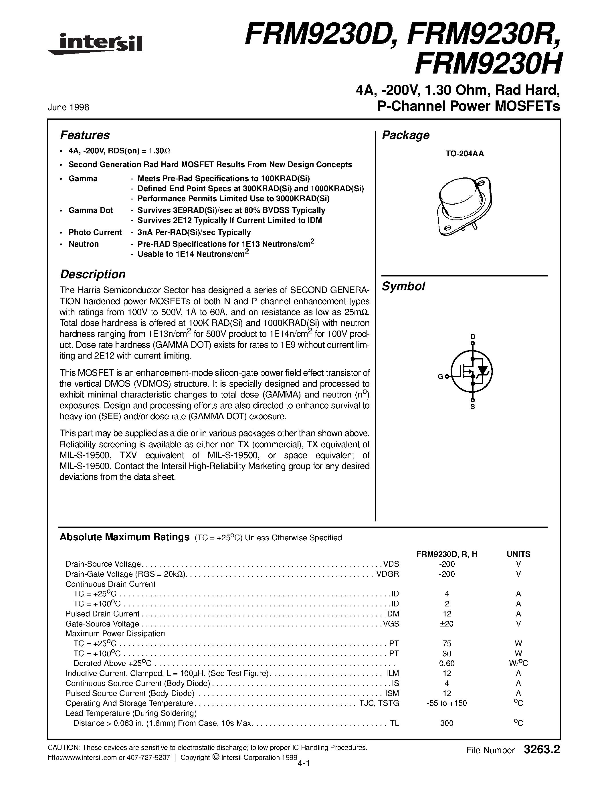 Datasheet FRM9230R - 4A/ -200V/ 1.30 Ohm/ Rad Hard/ P-Channel Power MOSFETs page 1