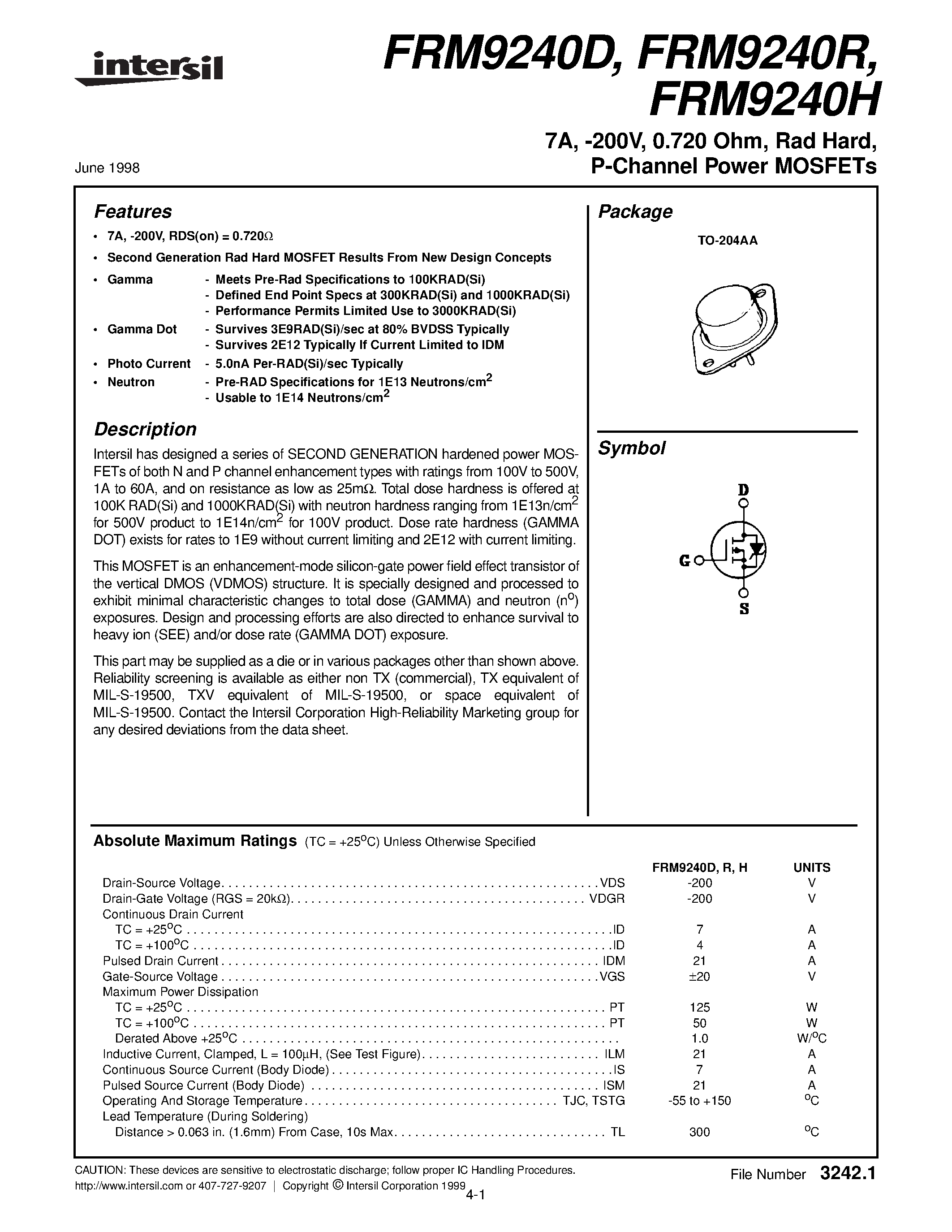 Datasheet FRM9240D page 1 Datasheet FRM9240D - 7A/ -200V/ 0.720 Ohm/ Rad Hard/ P-Channel Power MOSFETs page 1