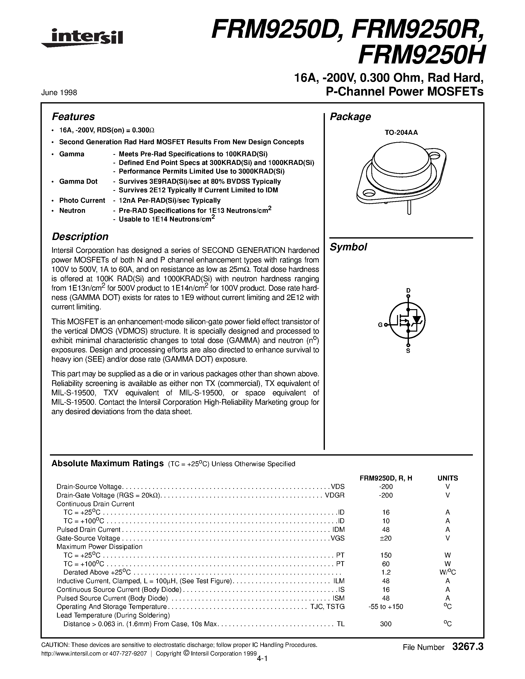 Datasheet FRM9250R page 1 Datasheet FRM9250R - 16A/ -200V/ 0.300 Ohm/ Rad Hard/ P-Channel Power MOSFETs page 1