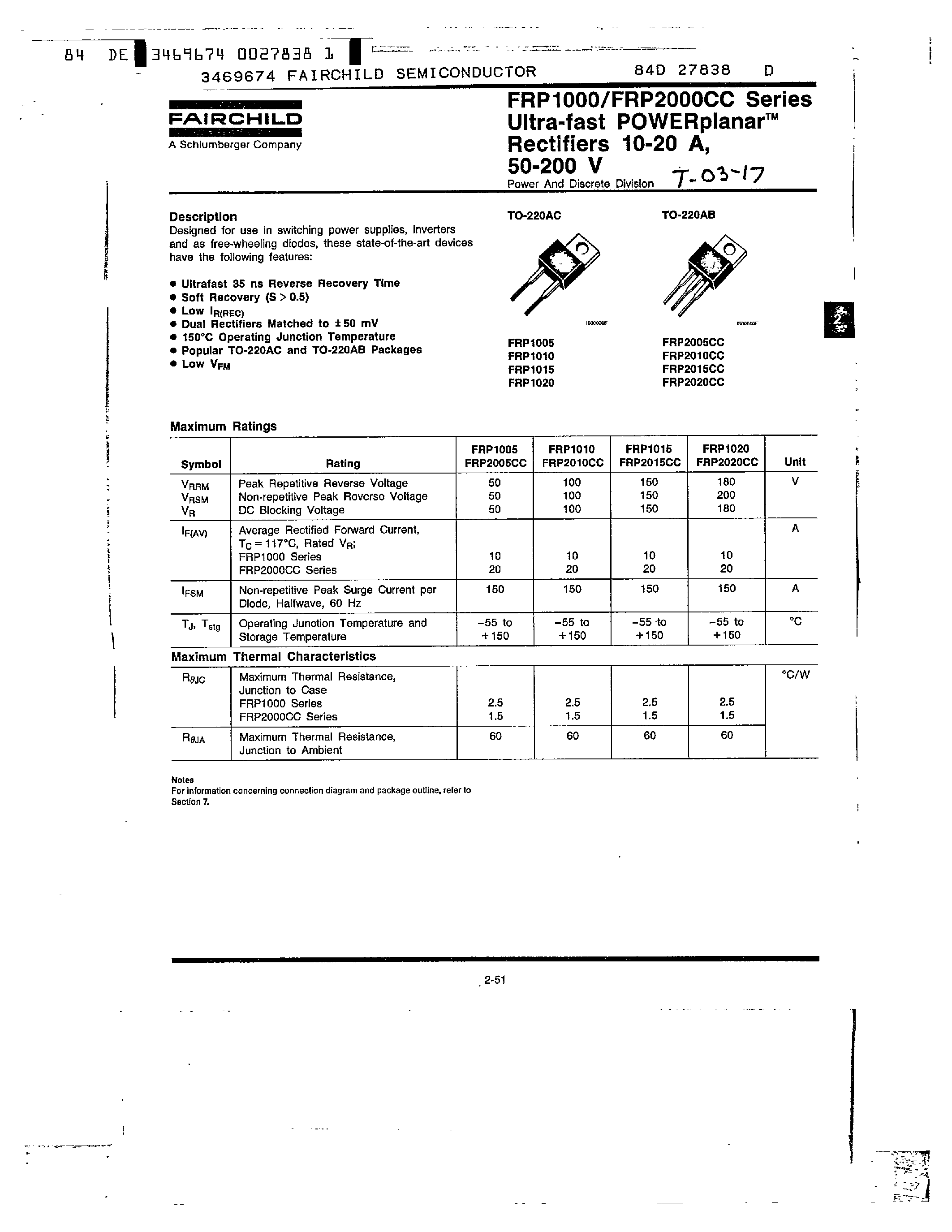 Datasheet FRP1010 page 1 Datasheet FRP1010 - Ultra-fast POWER planar Rectifiers 10-20 A/ 50-200 V page 1