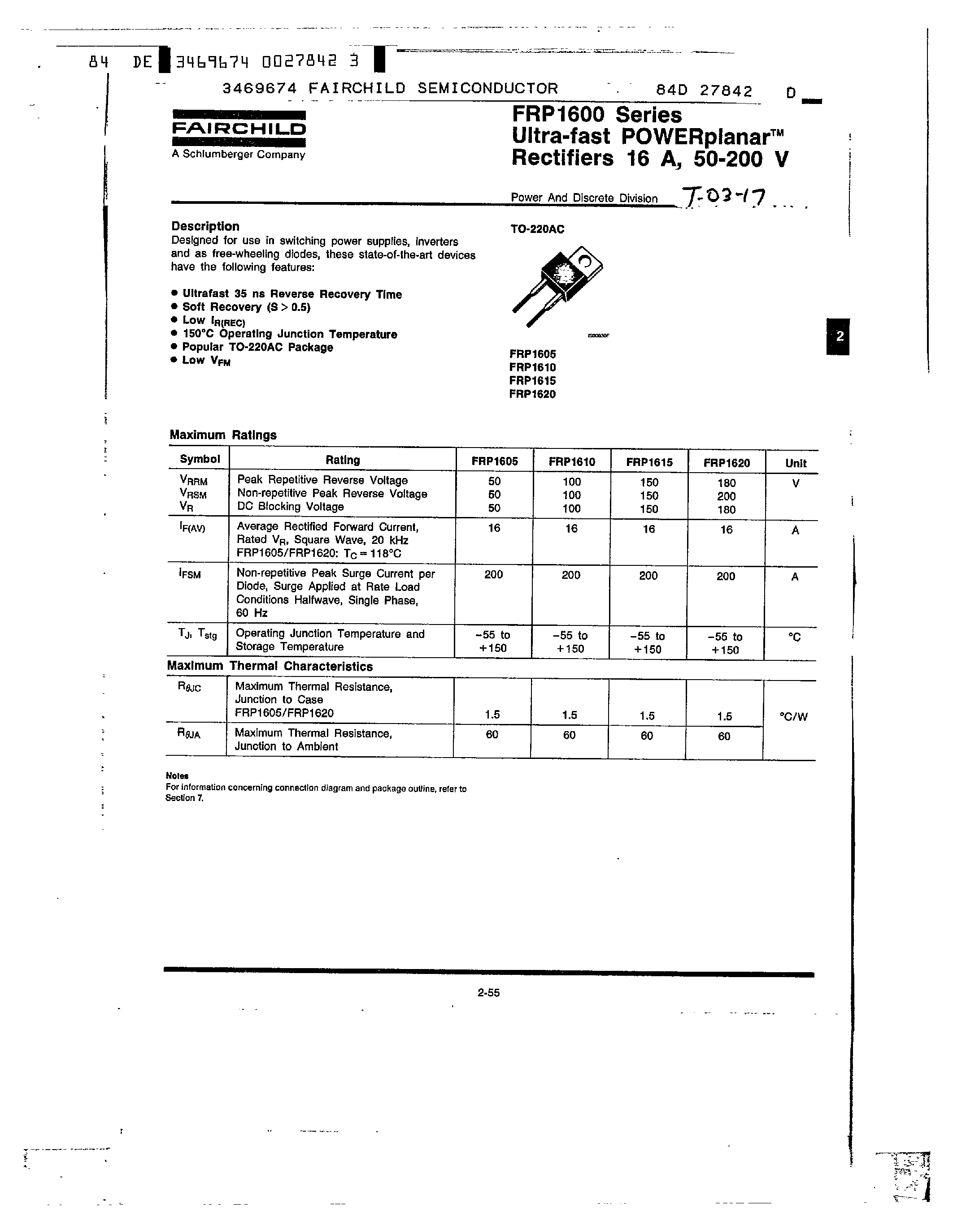 Datasheet FRP1610 page 1 Datasheet FRP1610 - Ultra-fast POWER planar Rectifiers 16 A/ 50-200 V page 1