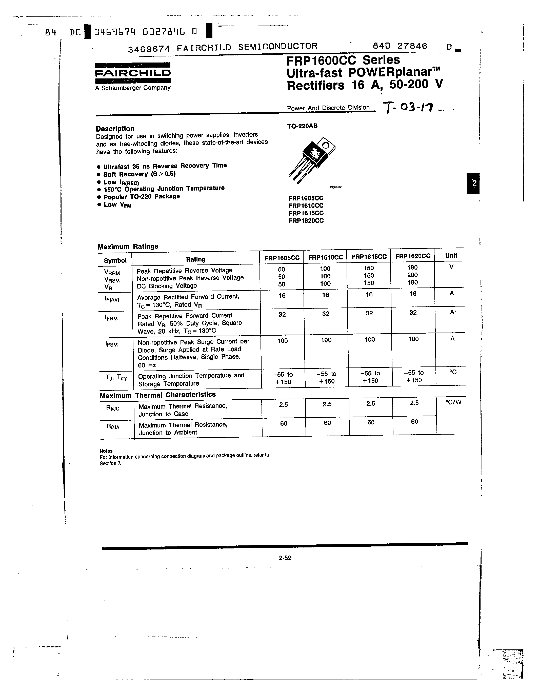 Datasheet FRP1610CC page 1 Datasheet FRP1610CC - Ultra-fast POWERplanar Rectifiers 16 A/ 50-200 V page 1