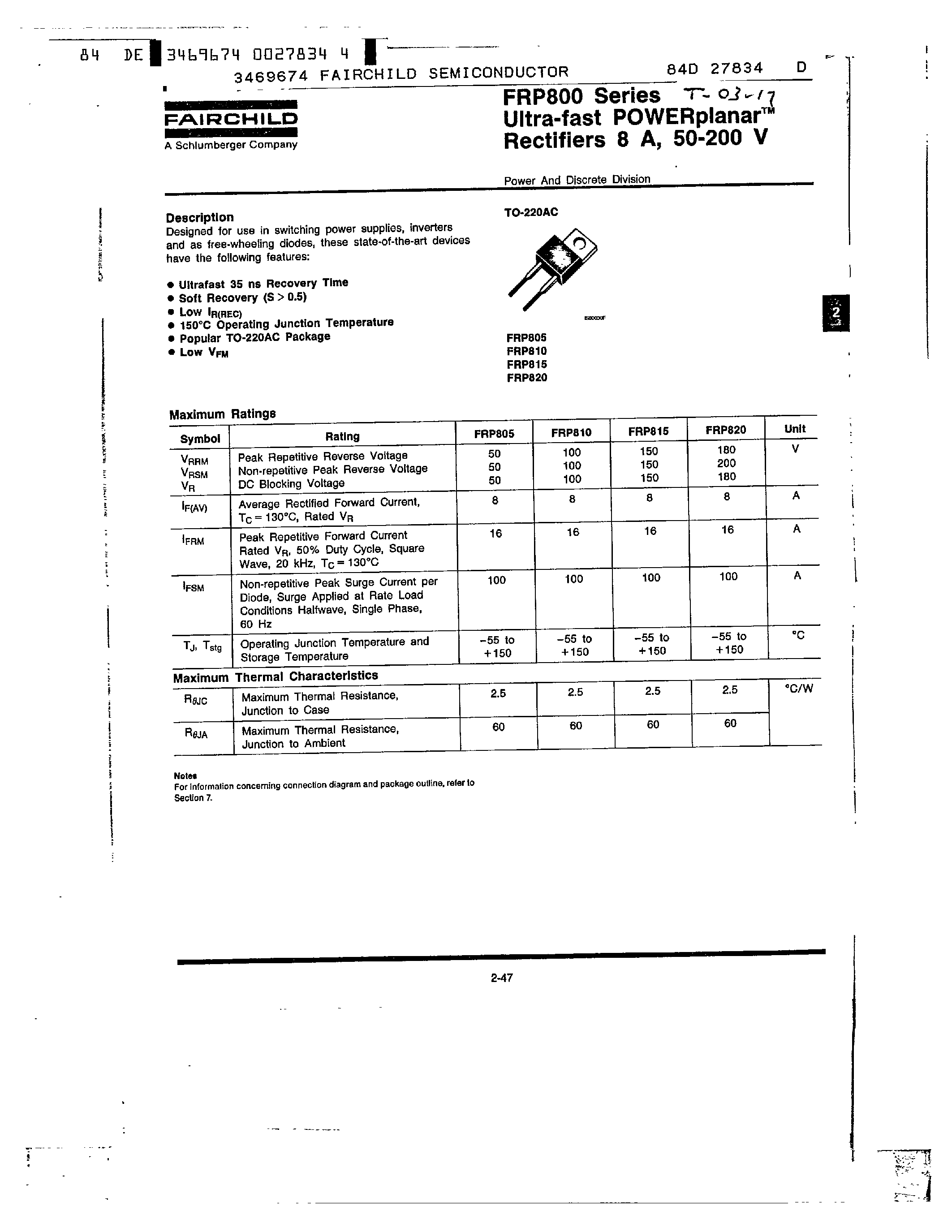 Datasheet FRP820 - Ultra-fast POWERplanar Rectifiers 8 A/ 50-200 V page 1