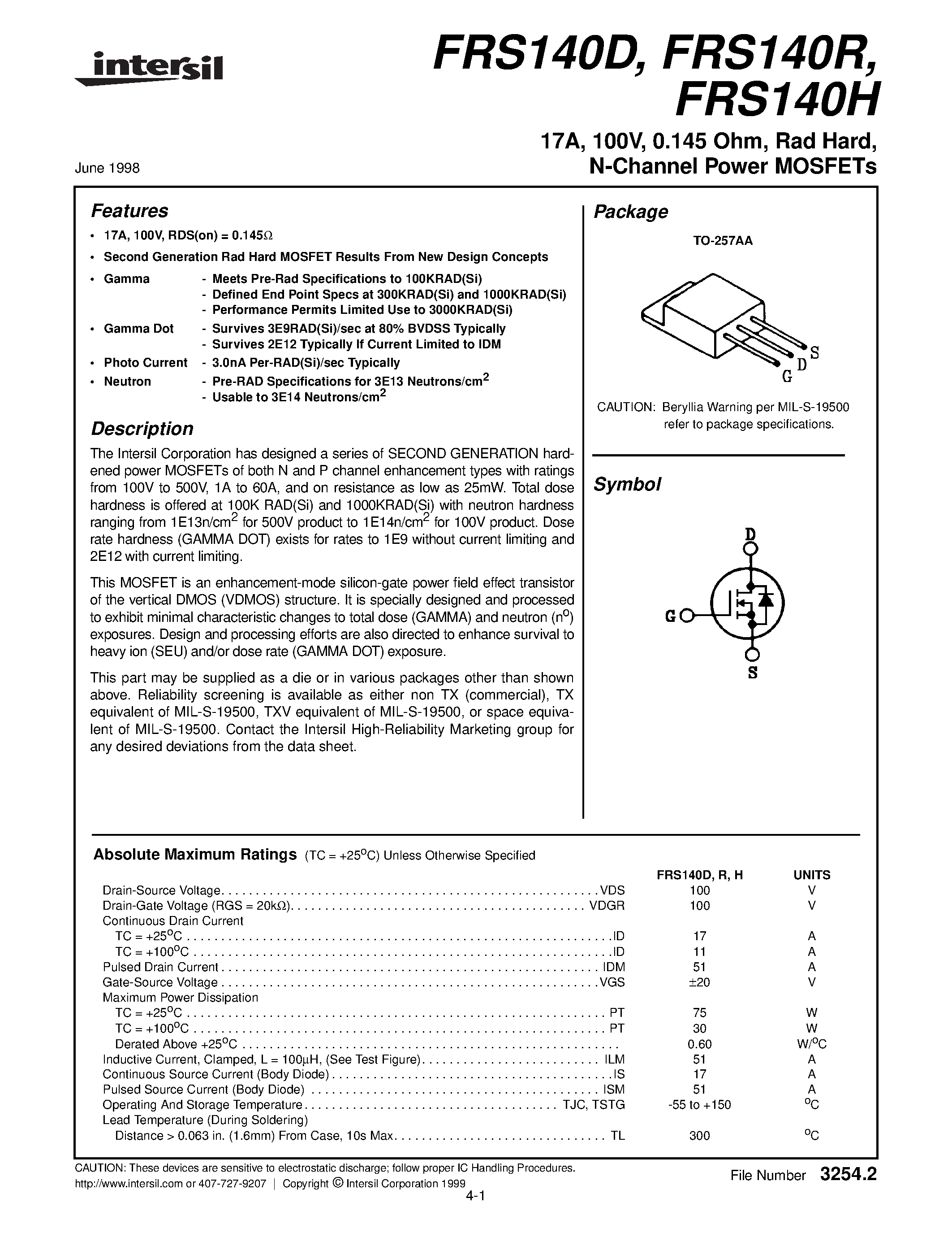 Datasheet FRS140H page 1 Datasheet FRS140H - 17A/ 100V/ 0.145 Ohm/ Rad Hard/ N-Channel Power MOSFETs page 1