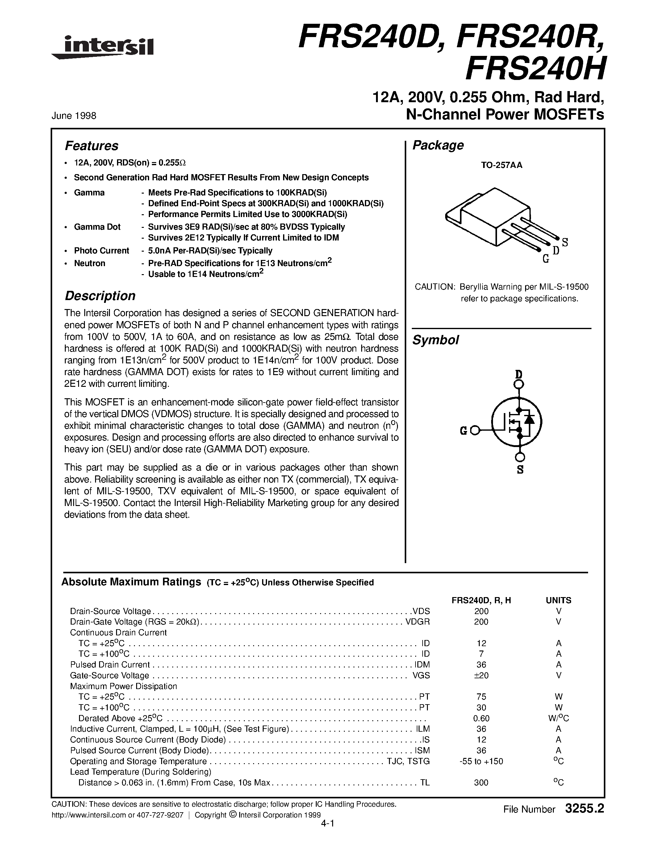 Datasheet FRS240D - 12A/ 200V/ 0.255 Ohm/ Rad Hard/ N-Channel Power MOSFETs page 1