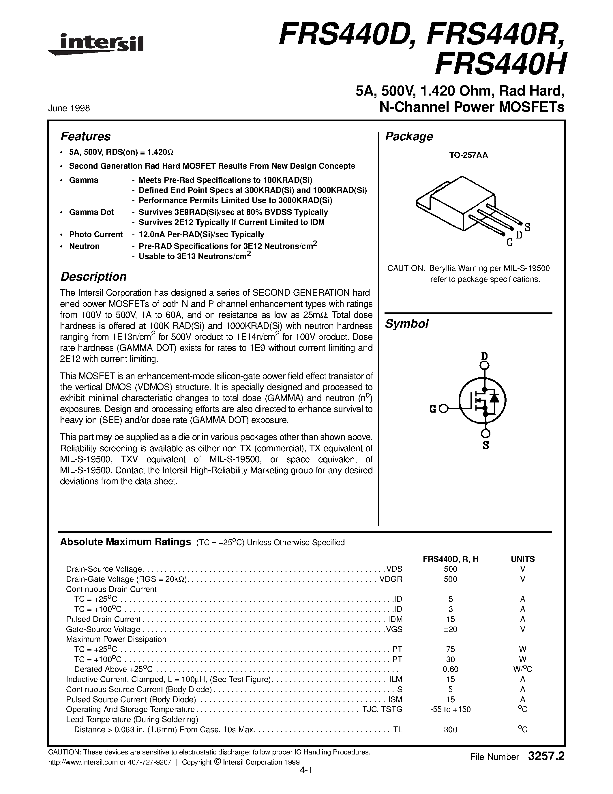 Datasheet FRS440R page 1 Datasheet FRS440R - 5A/ 500V/ 1.420 Ohm/ Rad Hard/ N-Channel Power MOSFETs page 1