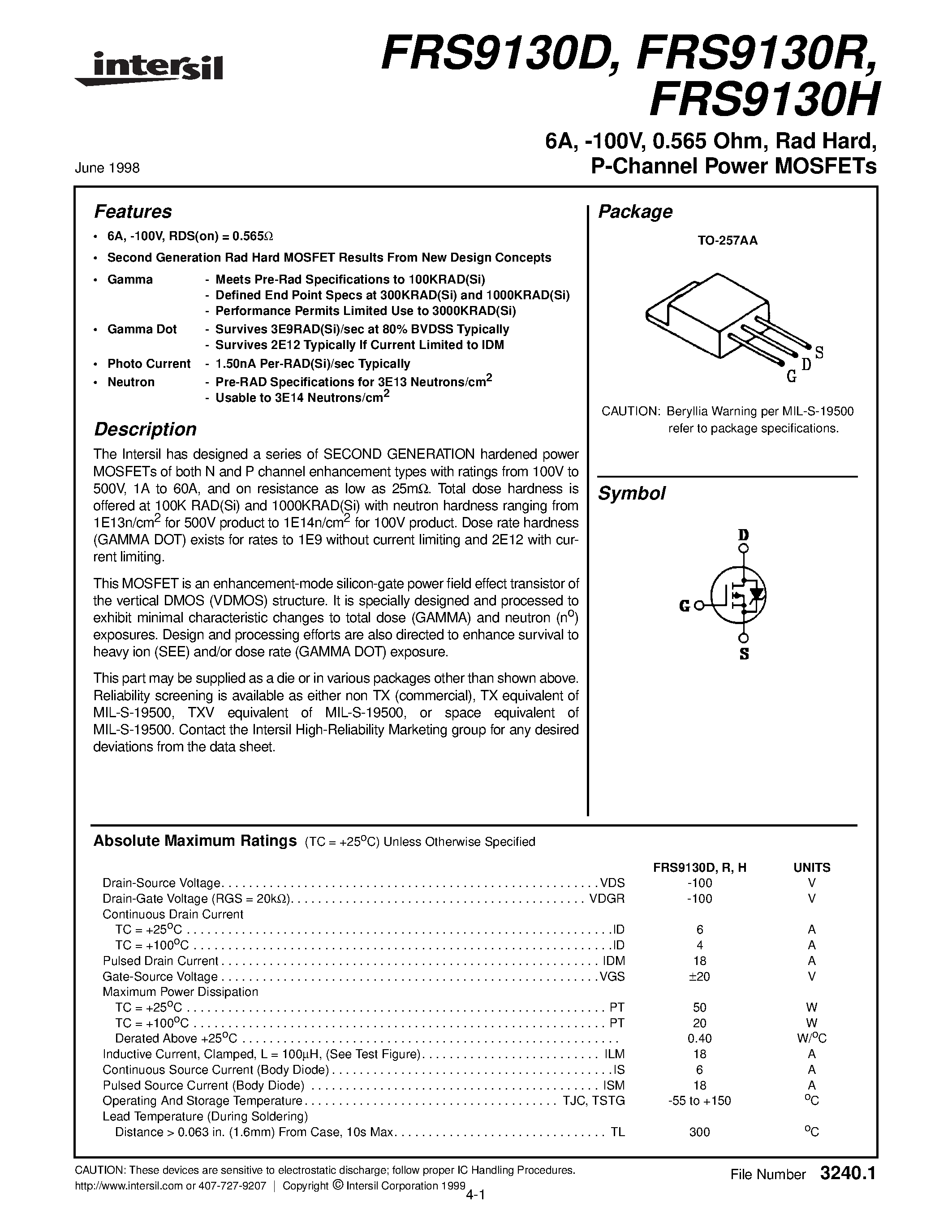 Datasheet FRS9130H page 1 Datasheet FRS9130H - 6A/ -100V/ 0.565 Ohm/ Rad Hard/ P-Channel Power MOSFETs page 1