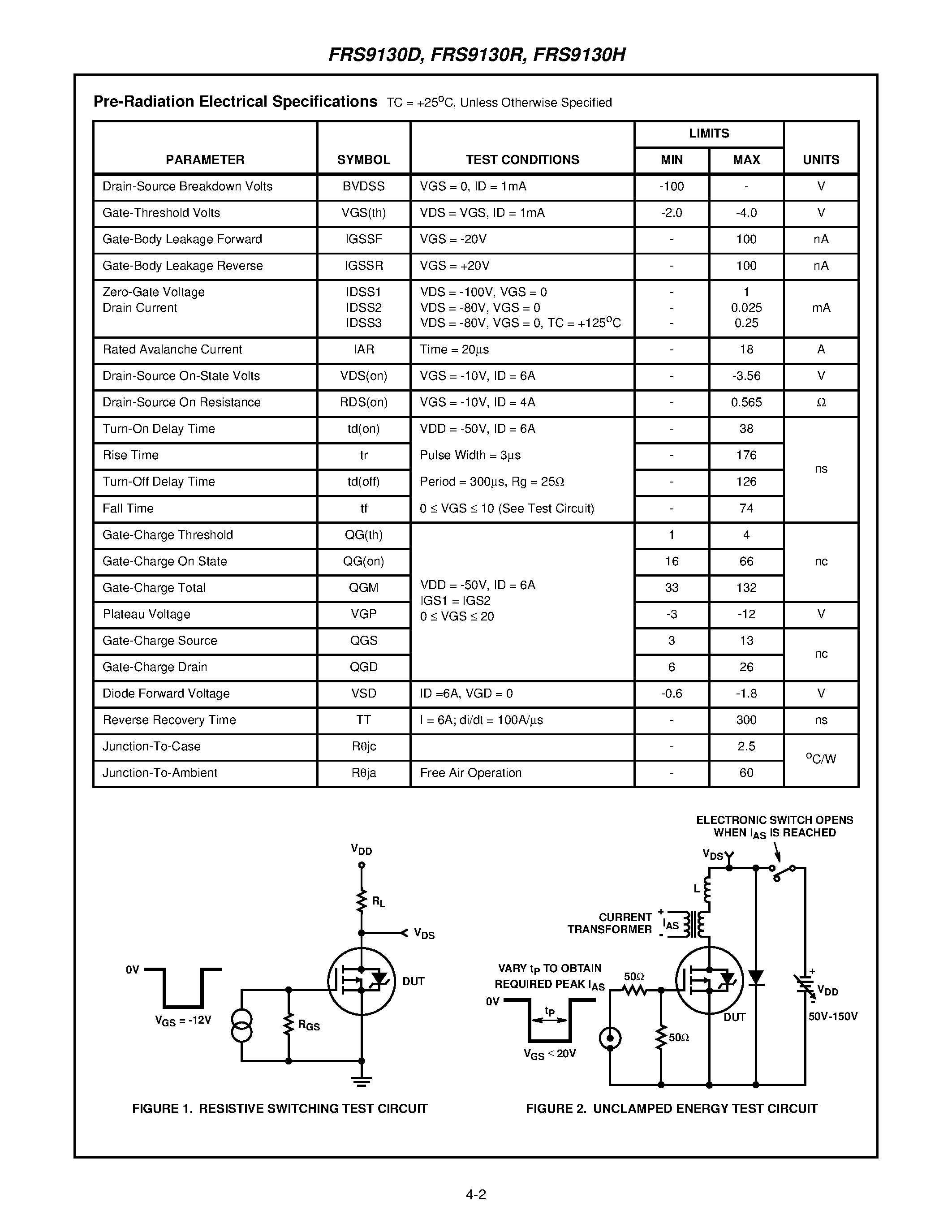 Datasheet FRS9130R - 6A/ -100V/ 0.565 Ohm/ Rad Hard/ P-Channel Power MOSFETs page 2