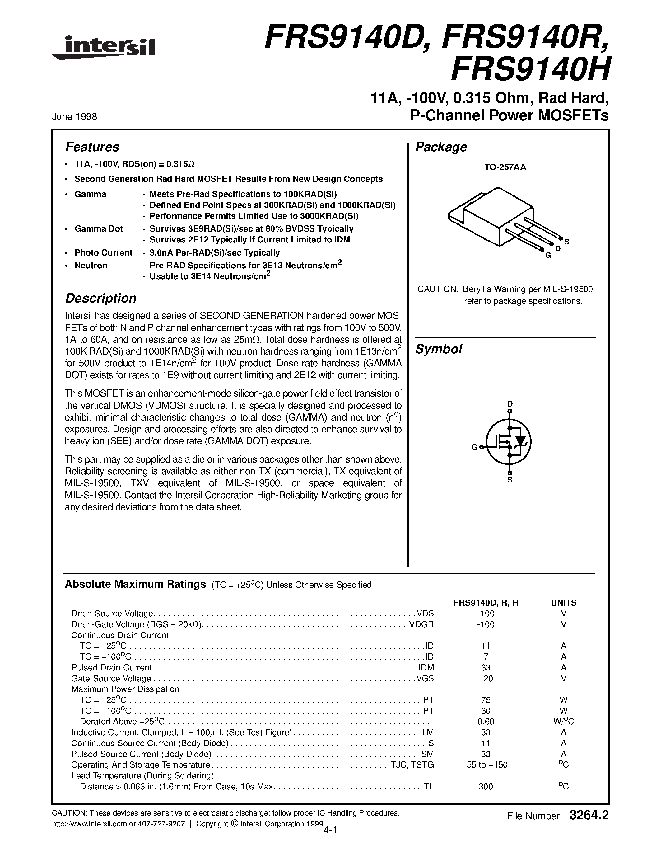Datasheet FRS9140R page 1 Datasheet FRS9140R - 11A/ -100V/ 0.315 Ohm/ Rad Hard/ P-Channel Power MOSFETs page 1