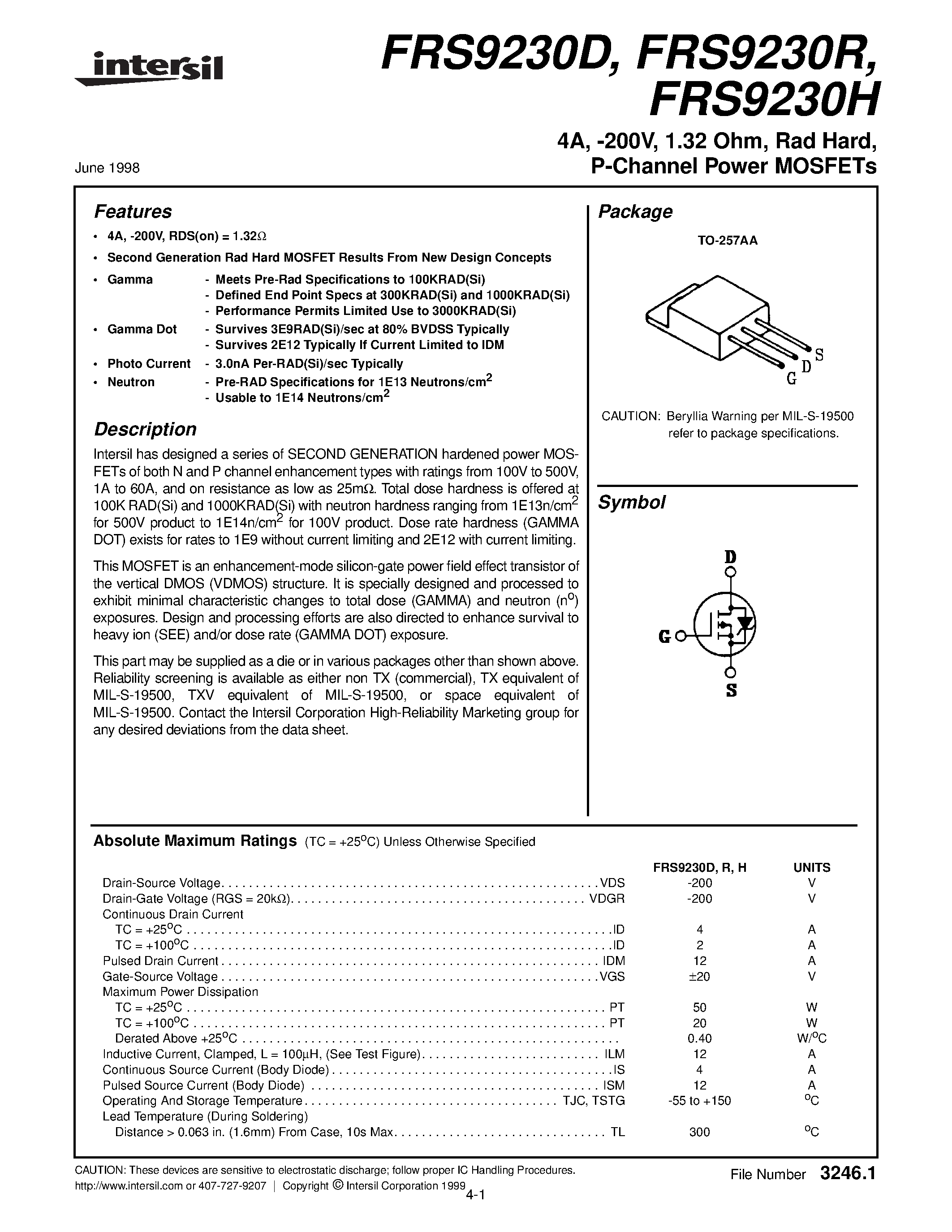 Datasheet FRS9230H page 1 Datasheet FRS9230H - 4A/ -200V/ 1.32 Ohm/ Rad Hard/ P-Channel Power MOSFETs page 1