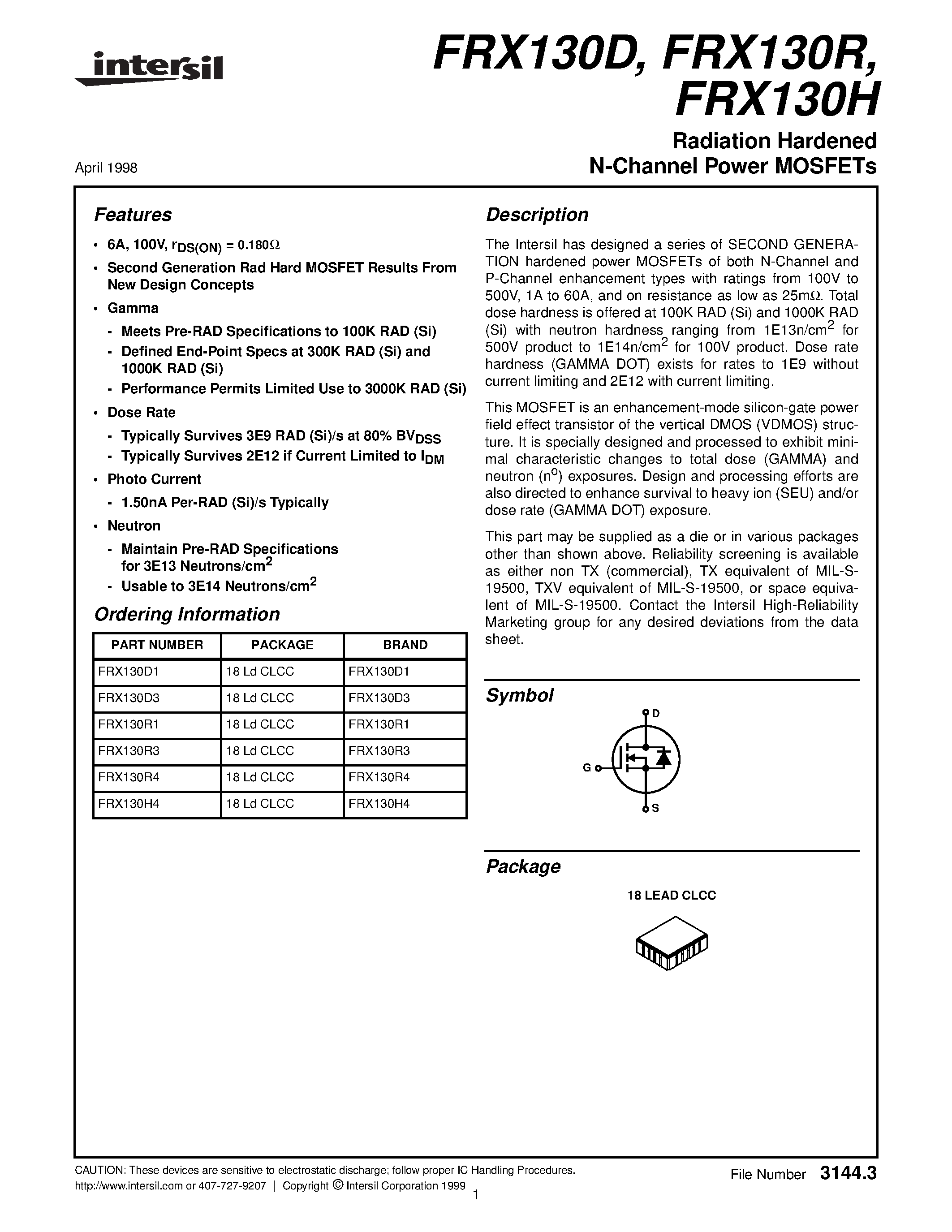 Datasheet FRX130D1 - Radiation Hardened N-Channel Power MOSFETs page 1