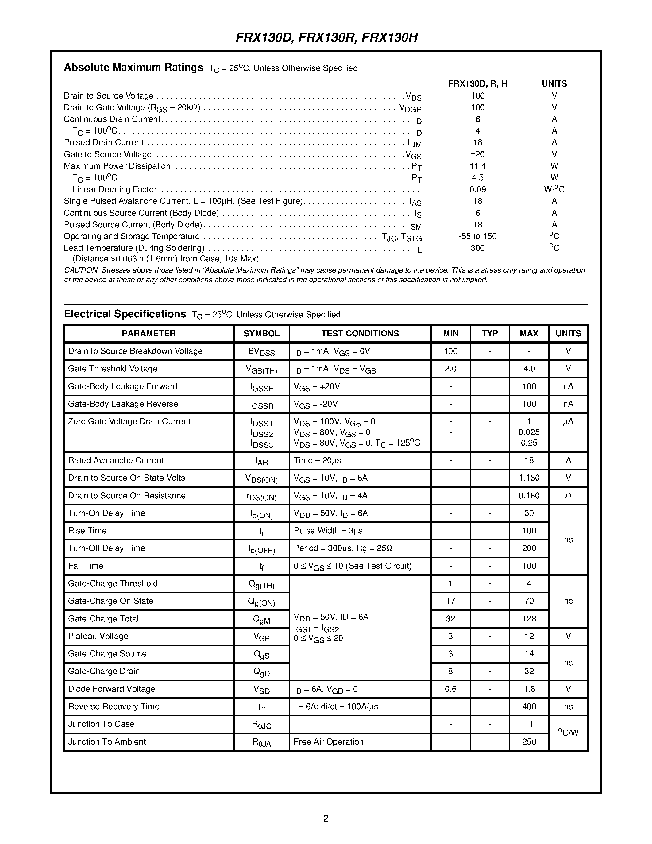 Datasheet FRX130R4 page 2 Datasheet FRX130R4 - Radiation Hardened N-Channel Power MOSFETs page 2