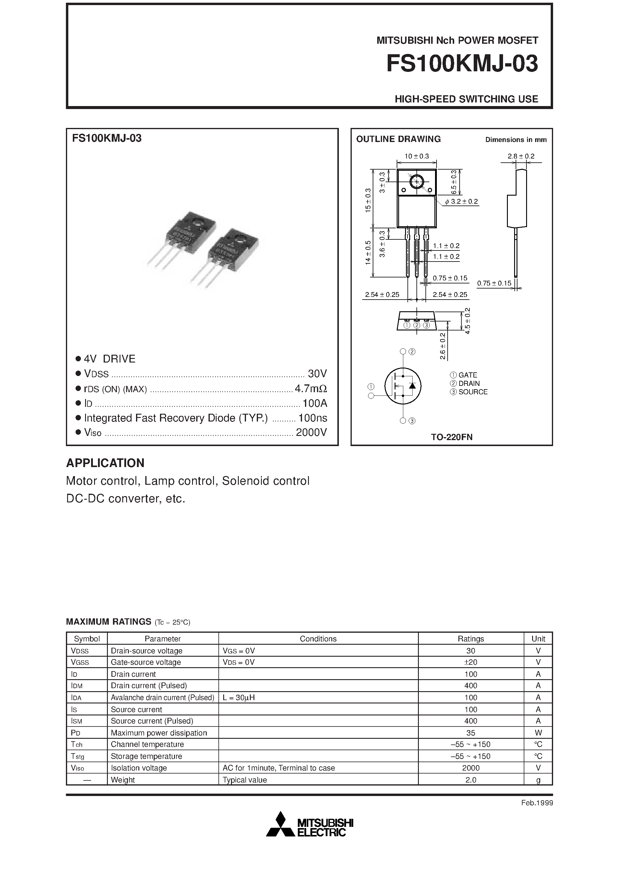 Даташит на микросхему FS100KMJ-03 страница 1 Даташит FS100KMJ-03 - HIGH-SPEED SWITCHING USE страница 1