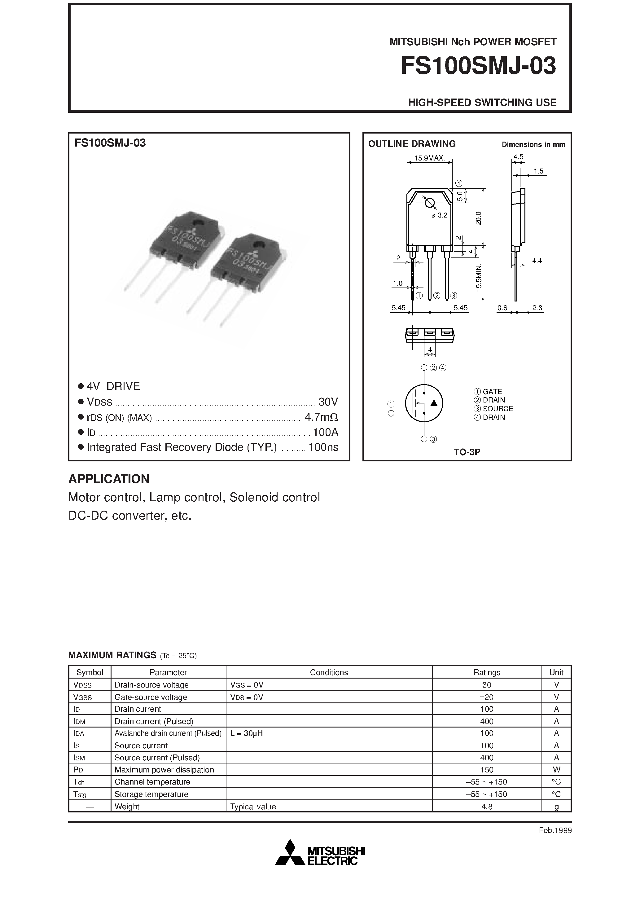 Даташит на микросхему FS100SMJ-03 страница 1 Даташит FS100SMJ-03 - Nch POWER MOSFET HIGH-SPEED SWITCHING USE страница 1