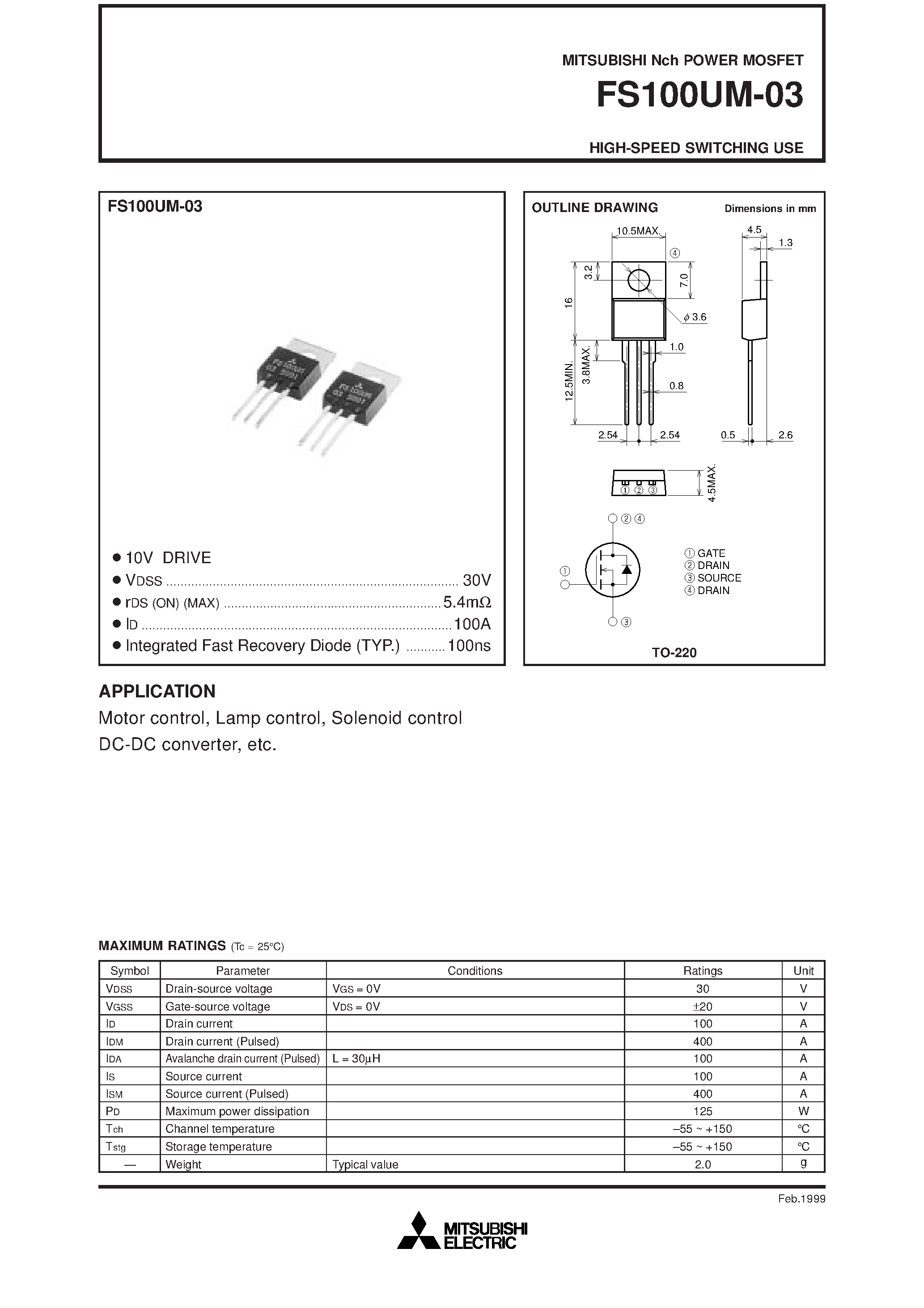 Даташит на микросхему FS100UM-03 страница 1 Даташит FS100UM-03 - Nch POWER MOSFET HIGH-SPEED SWITCHING USE страница 1