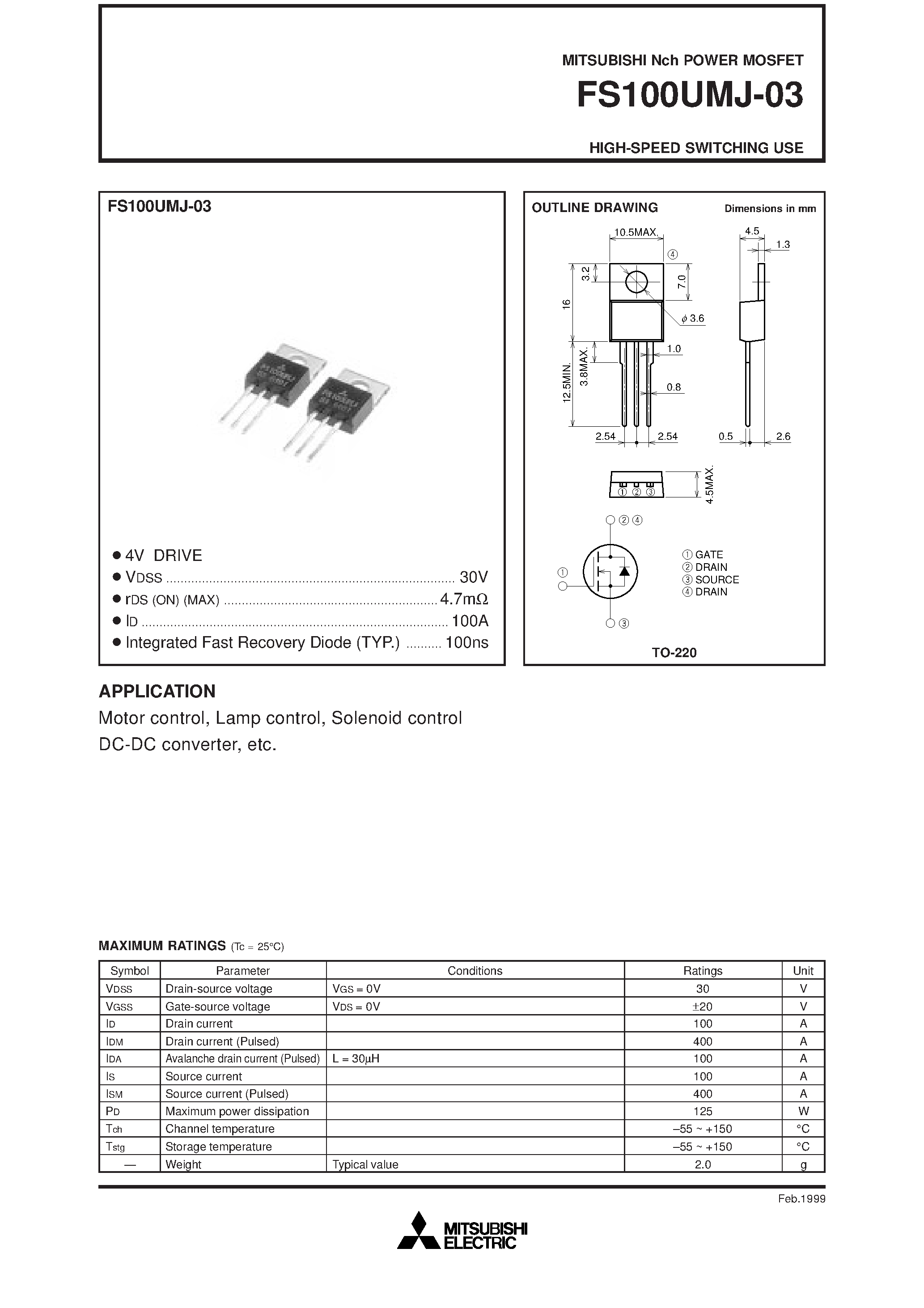 Даташит на микросхему FS100UMJ-03 страница 1 Даташит FS100UMJ-03 - HIGH-SPEED SWITCHING USE страница 1