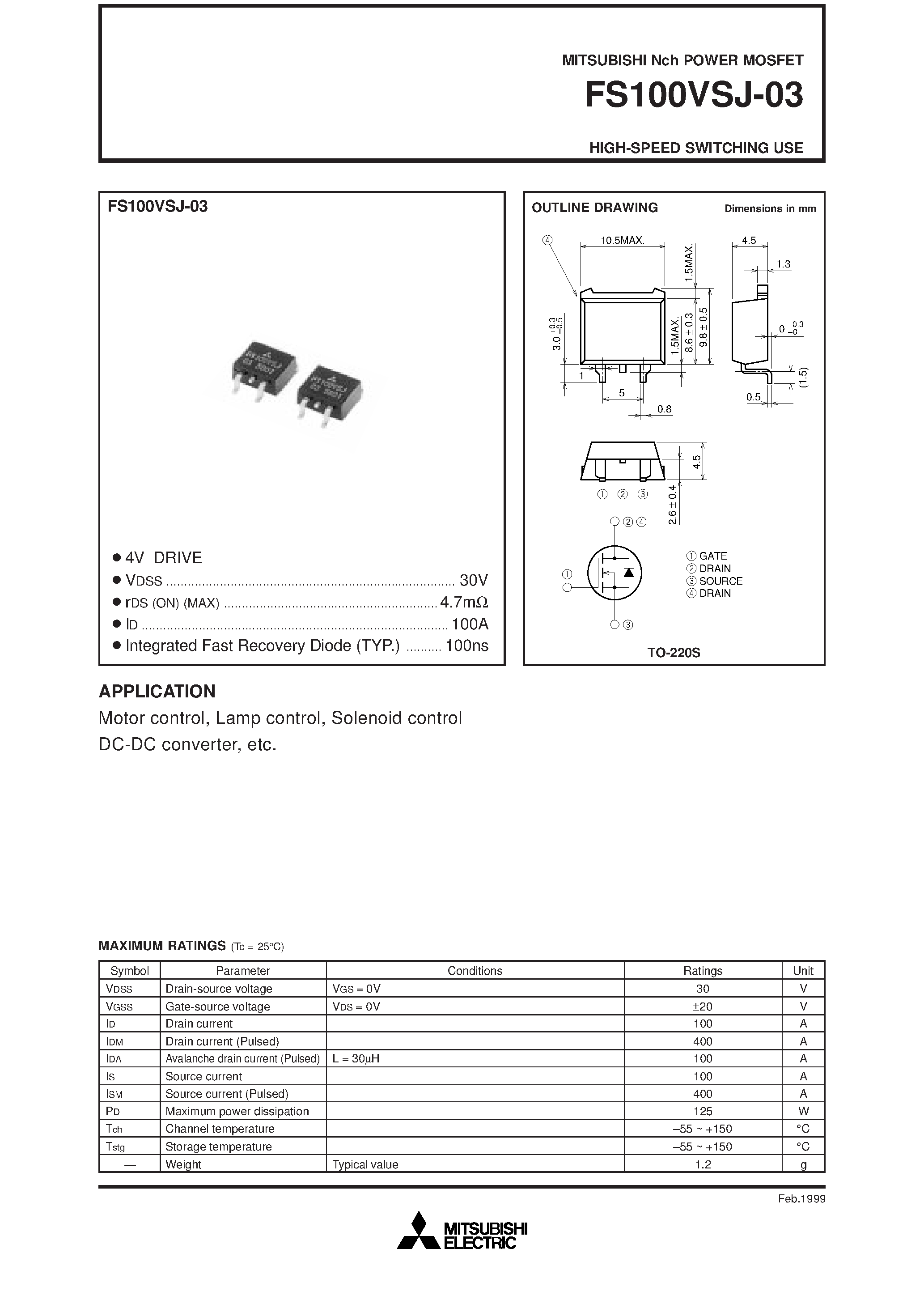 Даташит на микросхему FS100VSJ-03 страница 1 Даташит FS100VSJ-03 - HIGH-SPEED SWITCHING USE страница 1