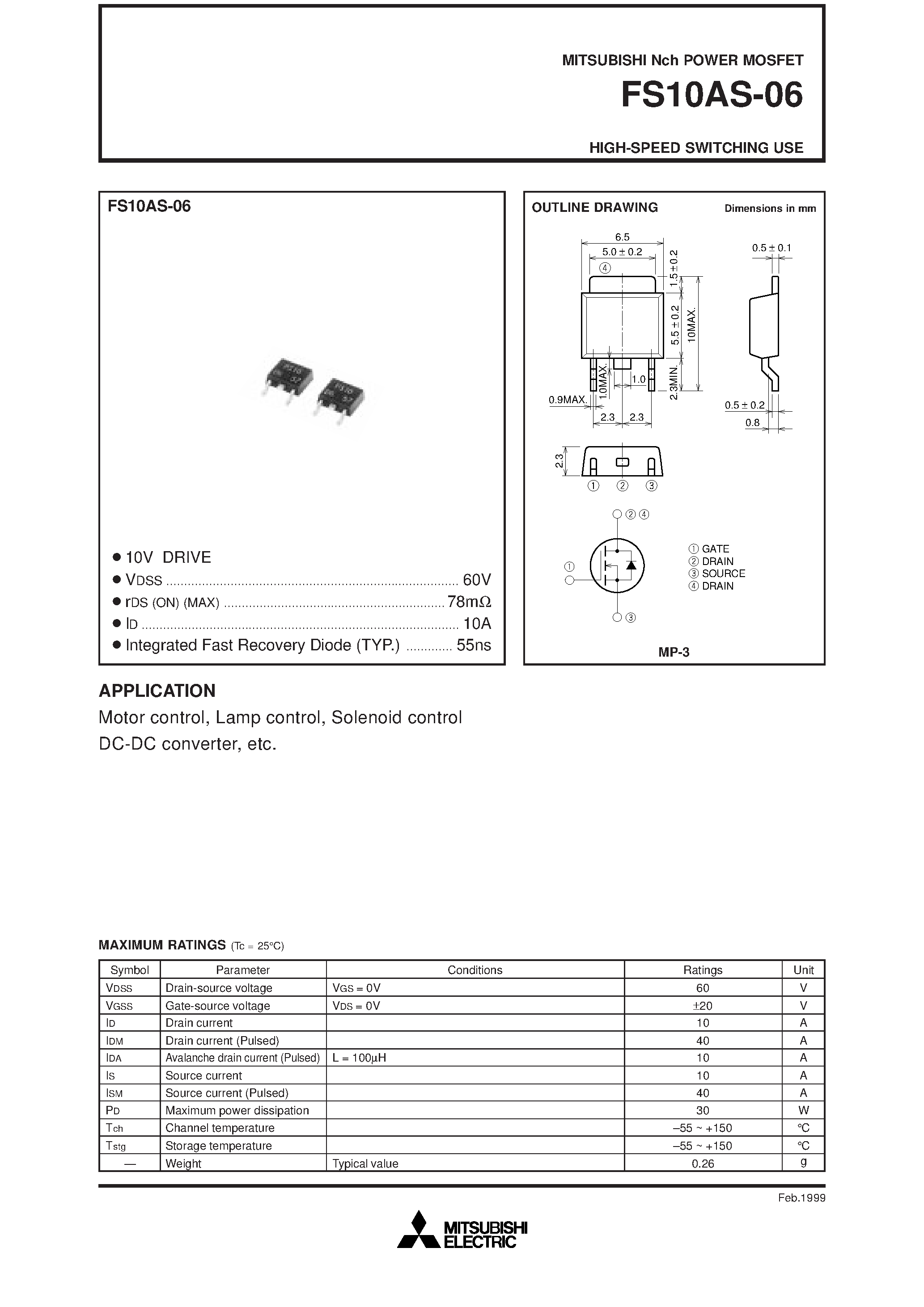 Даташит на микросхему FS10AS-06 страница 1 Даташит FS10AS-06 - Nch POWER MOSFET HIGH-SPEED SWITCHING USE страница 1