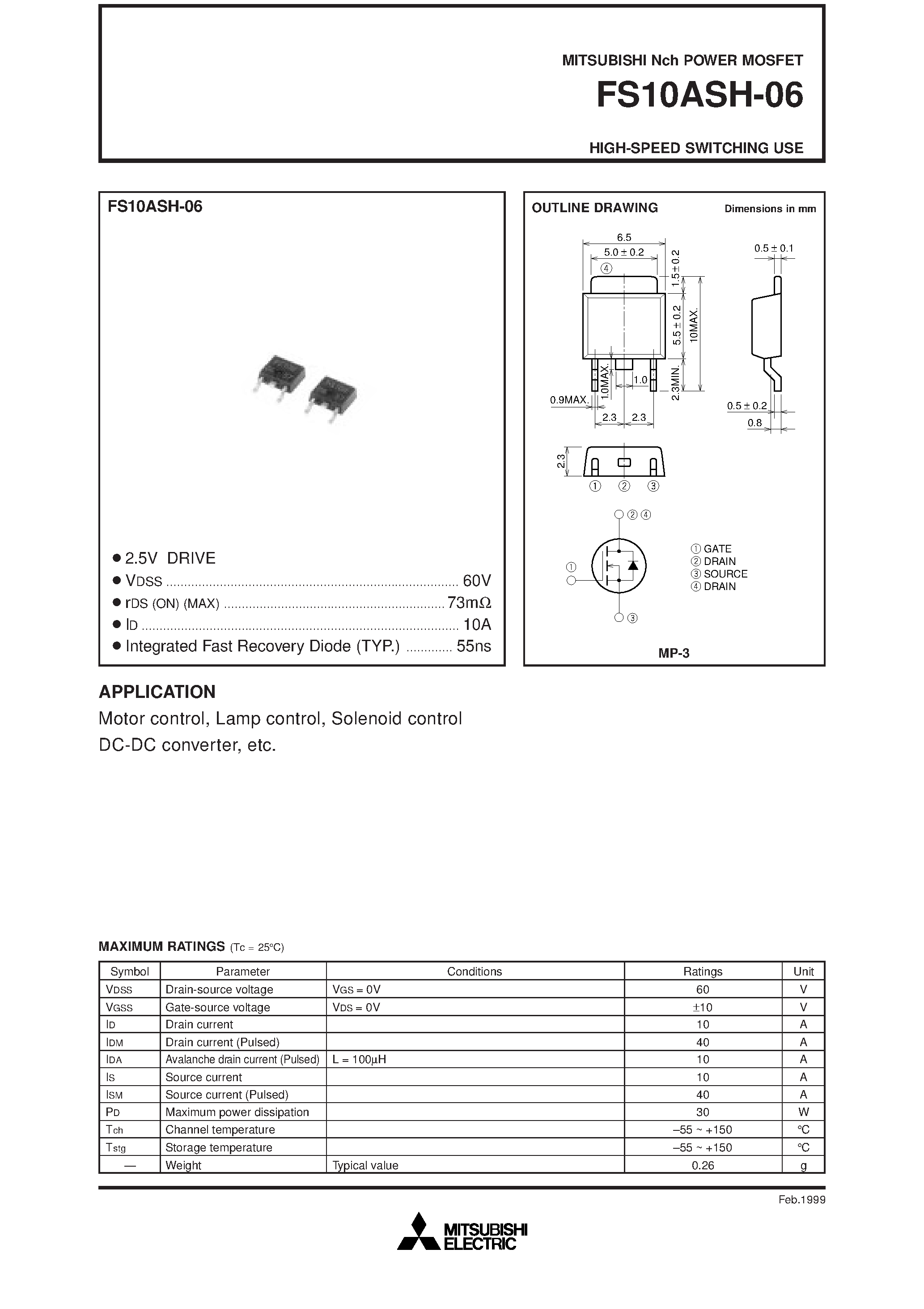 Даташит на микросхему FS10ASH-06 страница 1 Даташит FS10ASH-06 - HIGH-SPEED SWITCHING USE страница 1