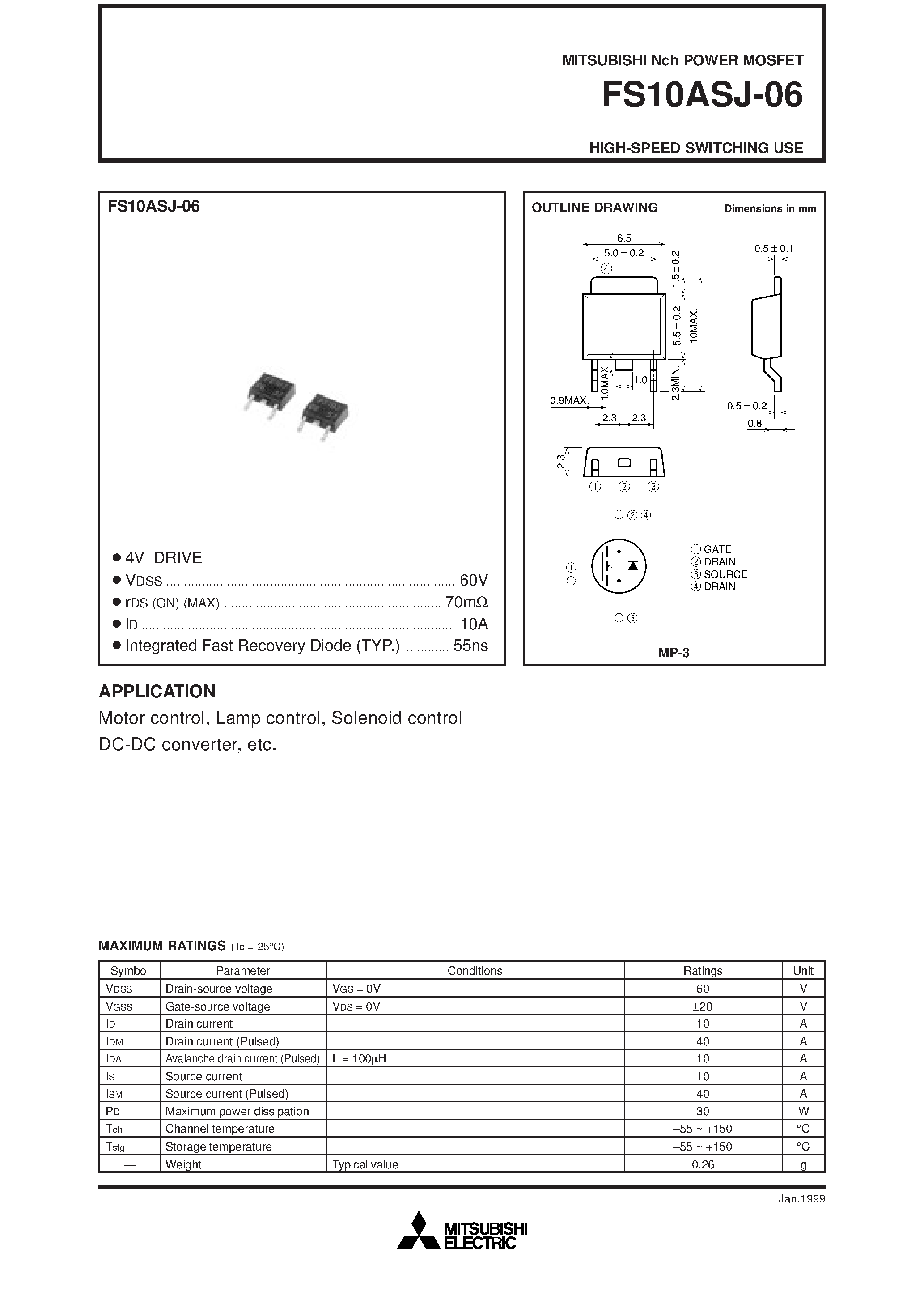 Даташит на микросхему FS10ASJ-06 страница 1 Даташит FS10ASJ-06 - HIGH-SPEED SWITCHING USE страница 1