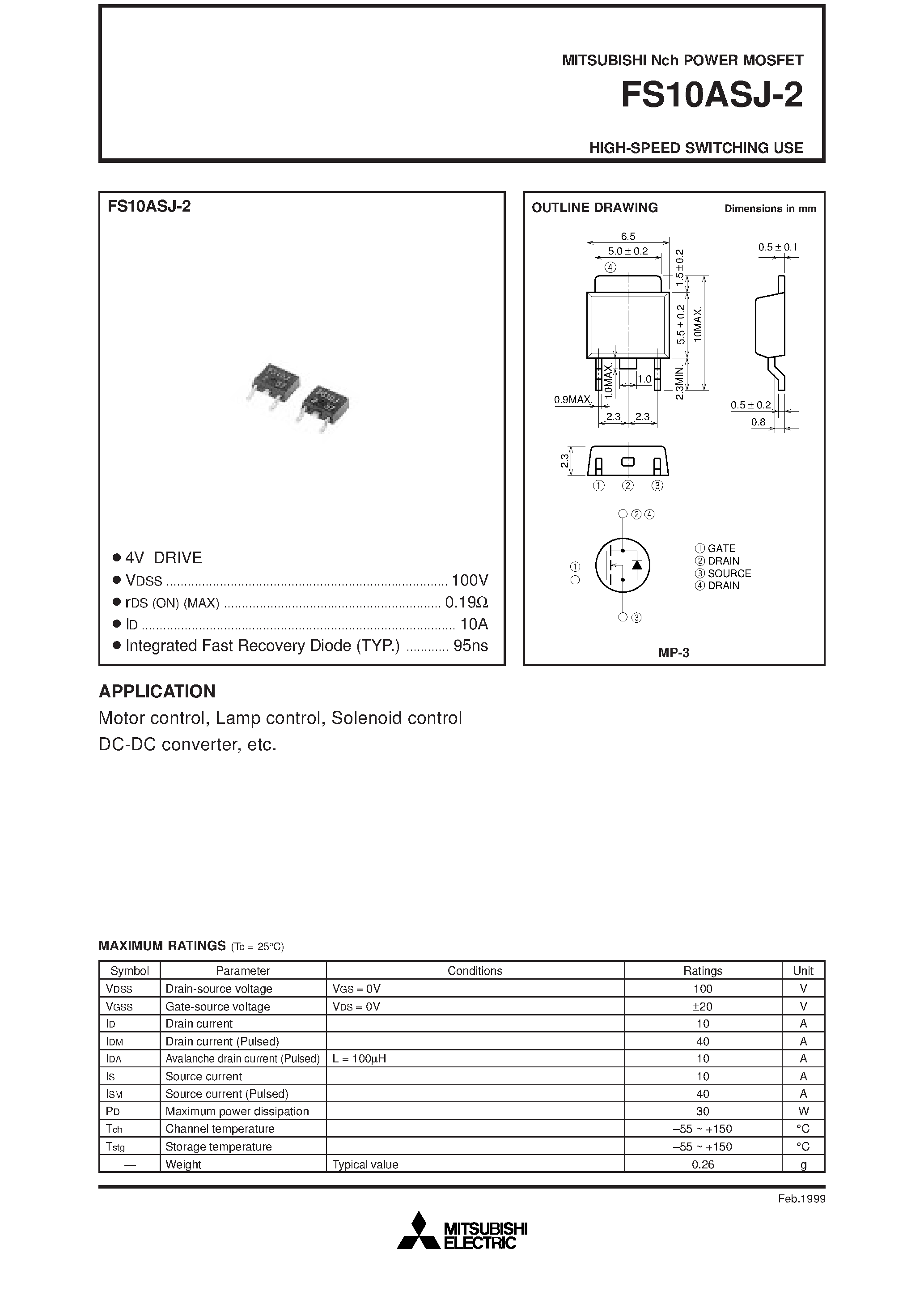 Datasheet FS10ASJ-2 - Nch POWER MOSFET HIGH-SPEED SWITCHING USE page 1