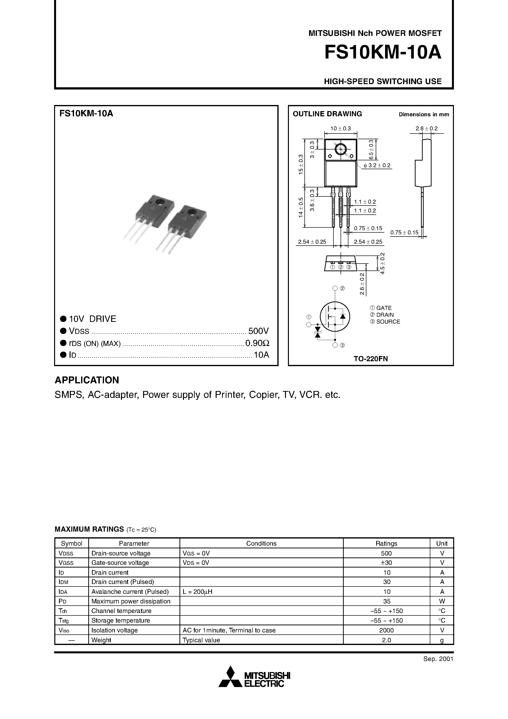 Даташит FS10KM-10A - HIGH-SPEED SWITCHING USE страница 1