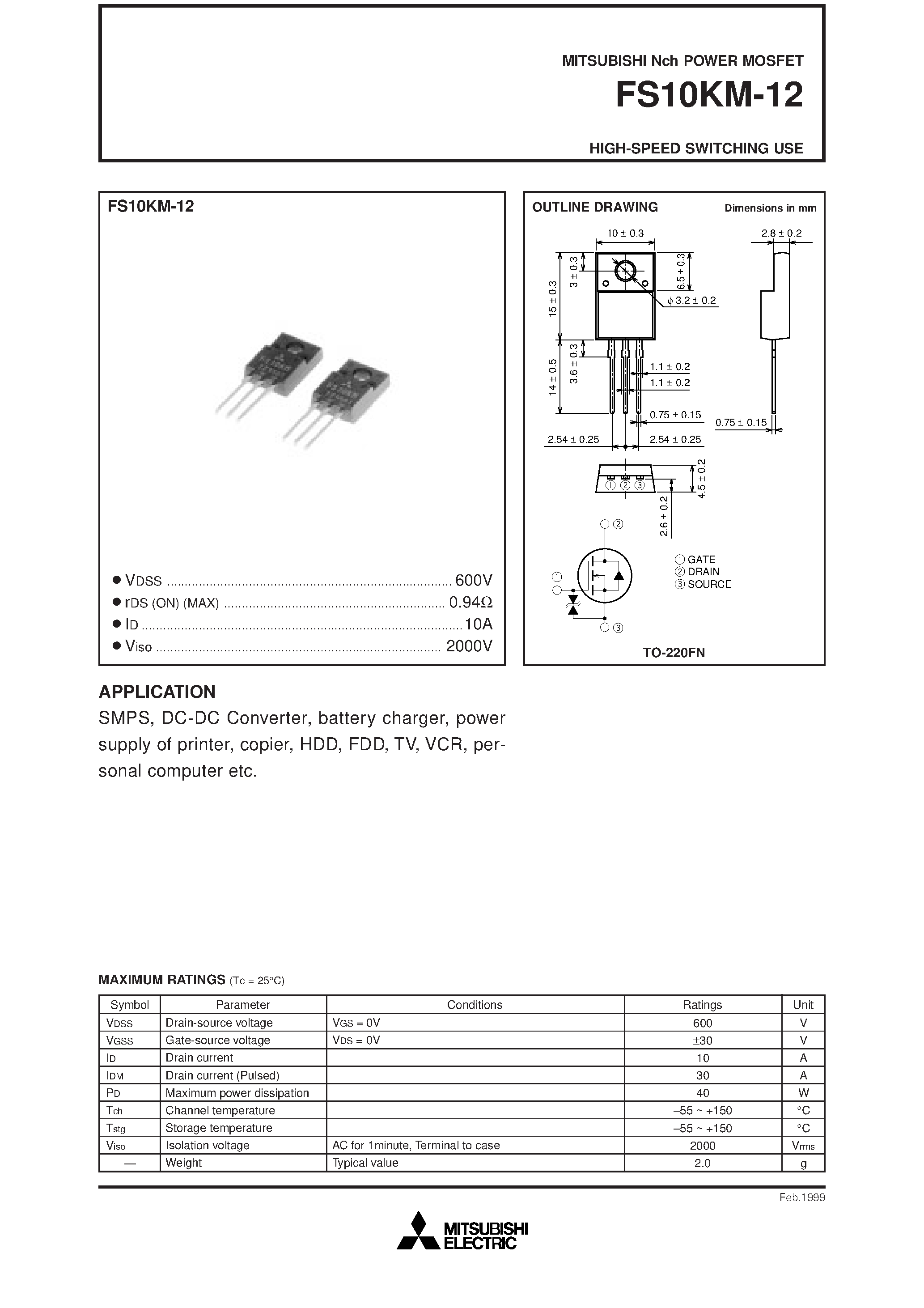 Даташит FS10KM-12 - Nch POWER MOSFET HIGH-SPEED SWITCHING USE страница 1